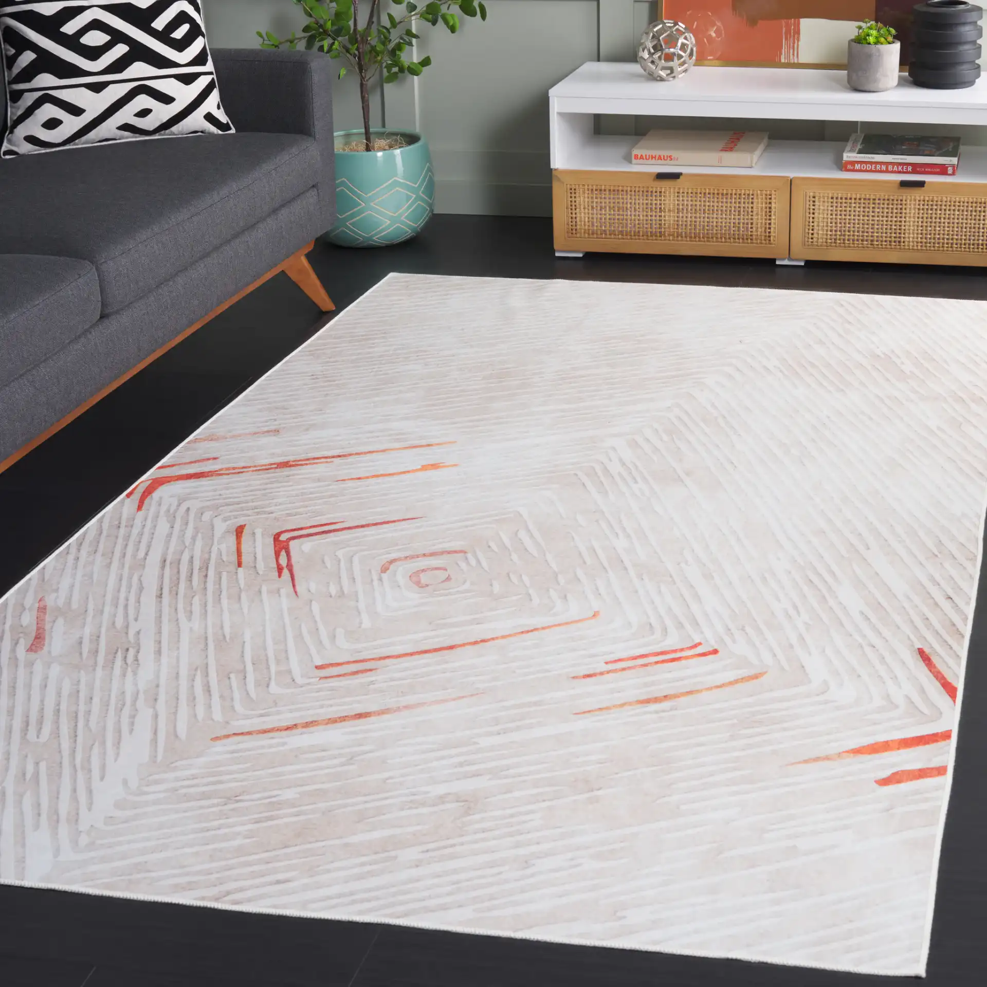 Malibu Concentric Lines Washable Rug in Beige / Rust in a styled room