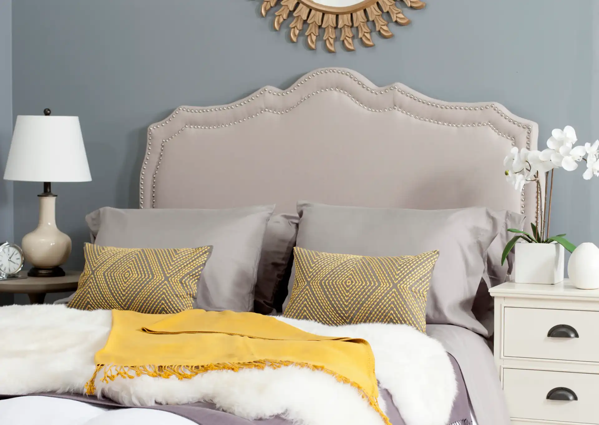 Skyler Headboard in Gray in a styled room
