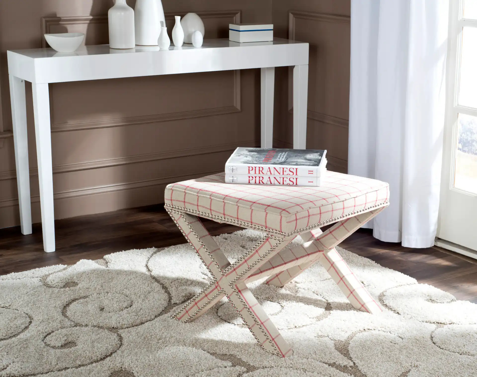 Palmer Ottoman in Taupe in a styled room
