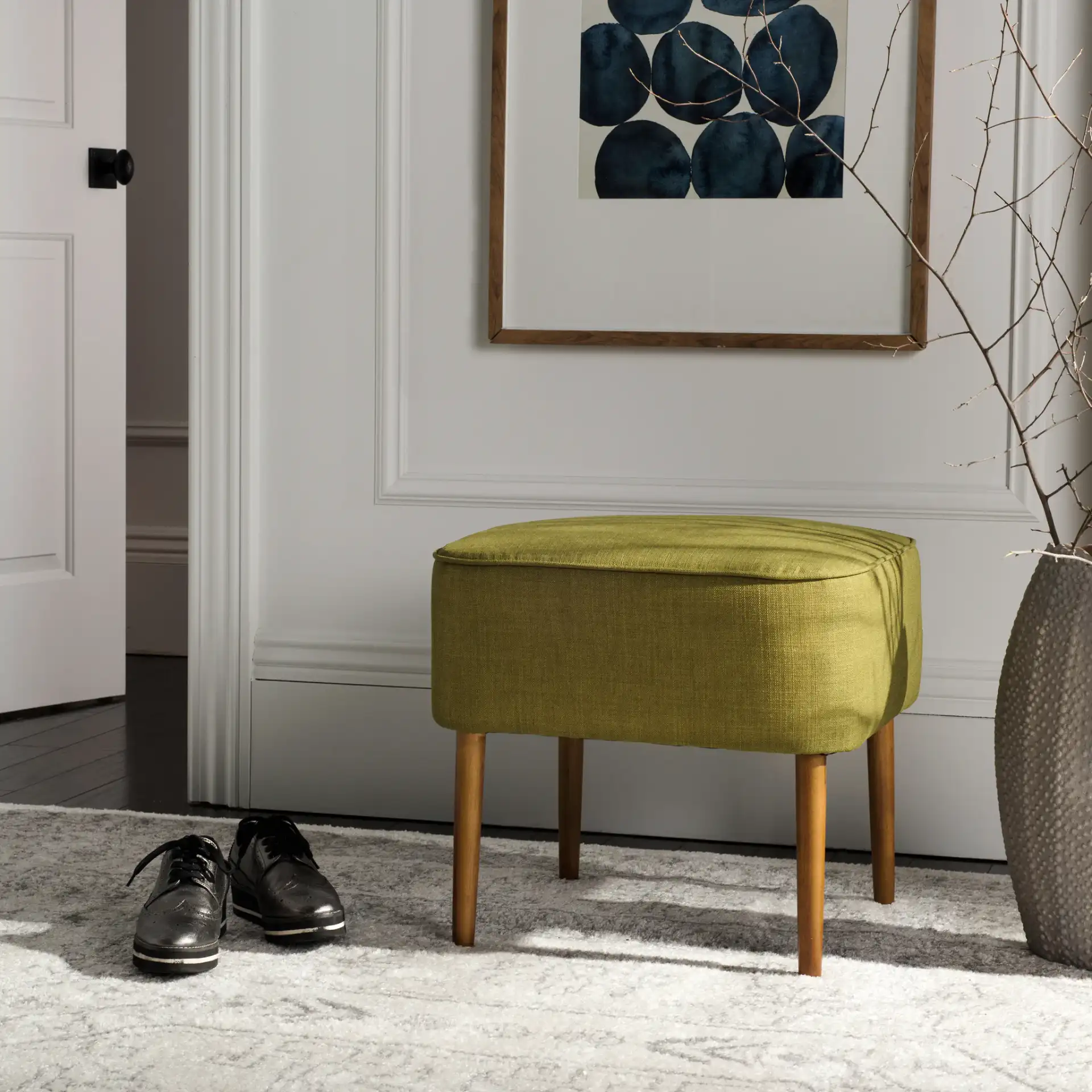 Eli Ottoman in Sweet Pea in a styled room