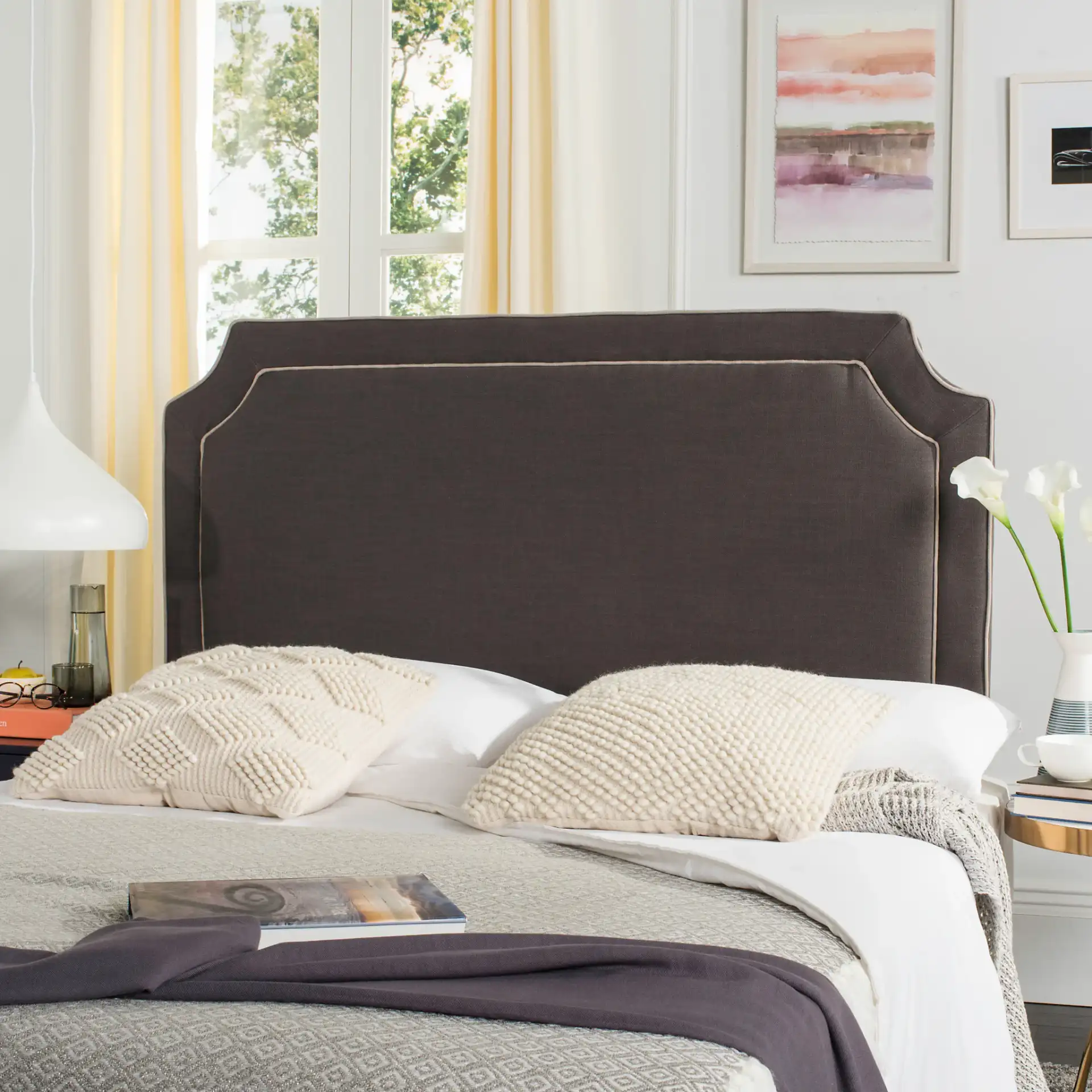 Dane Queen Headboard in Charcoal / True Taupe in a styled room