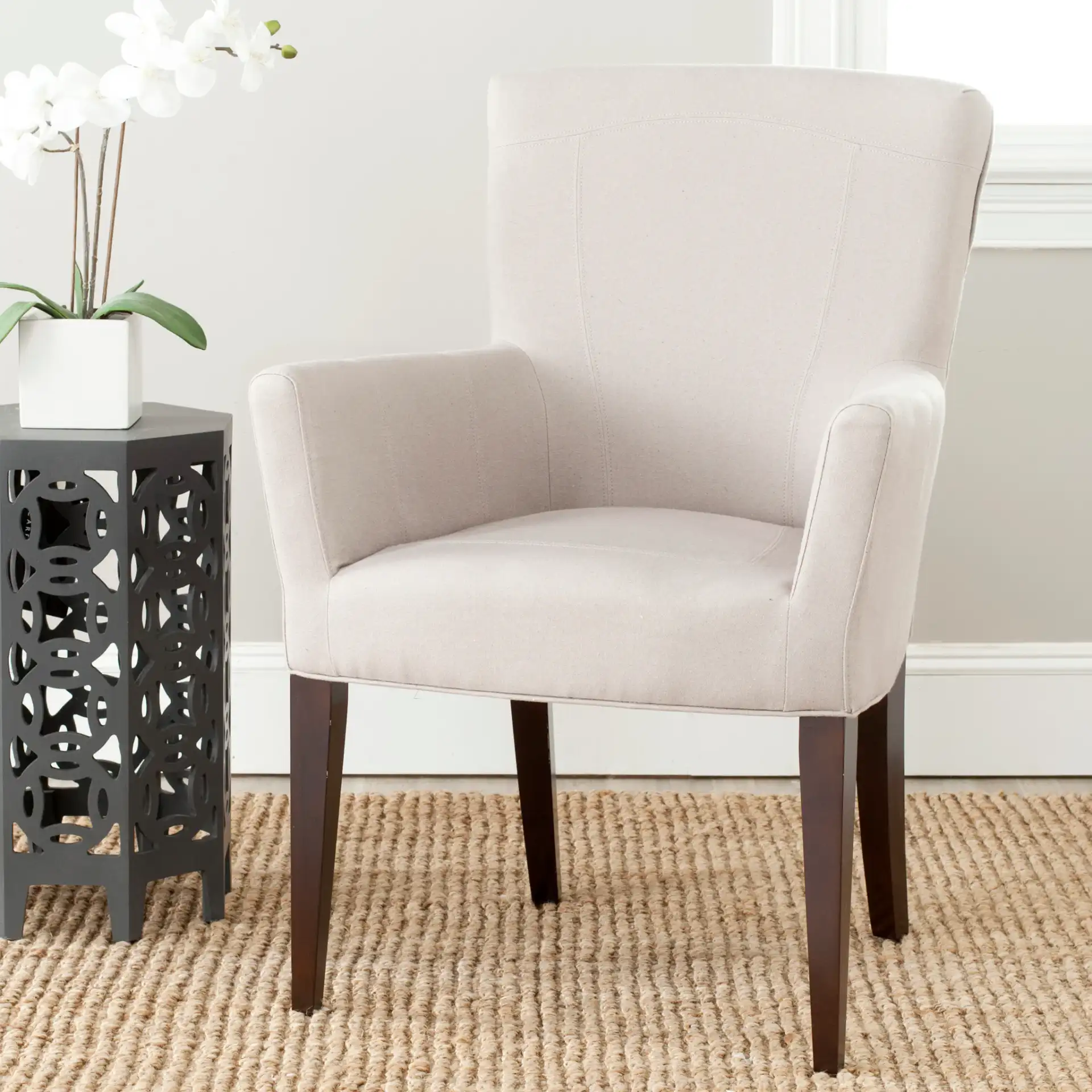 Dale Arm Chair in Taupe in a styled room