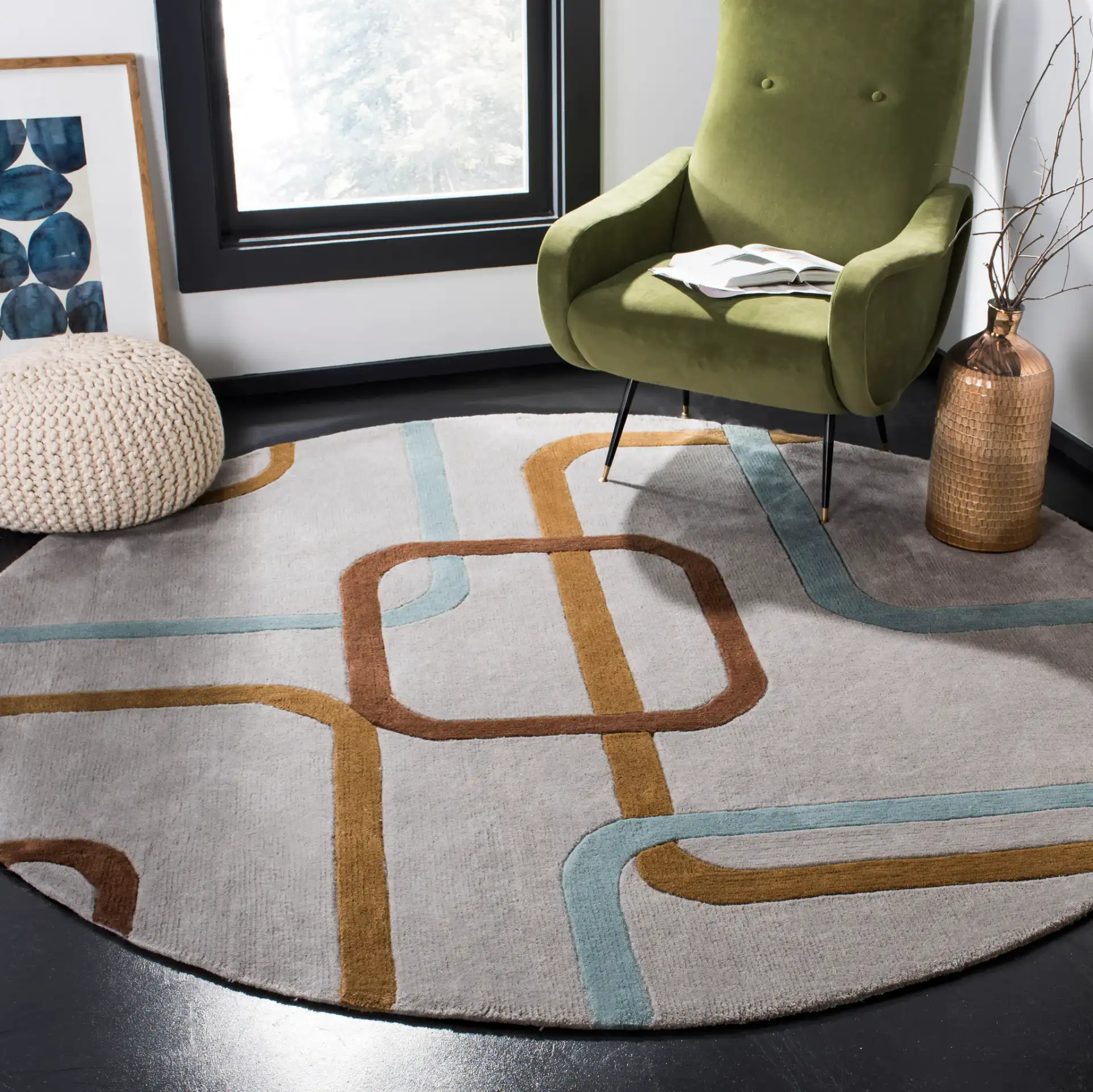 Modern Art Interlocking Loops Hand-Tufted Rug in Multicolor in a styled room