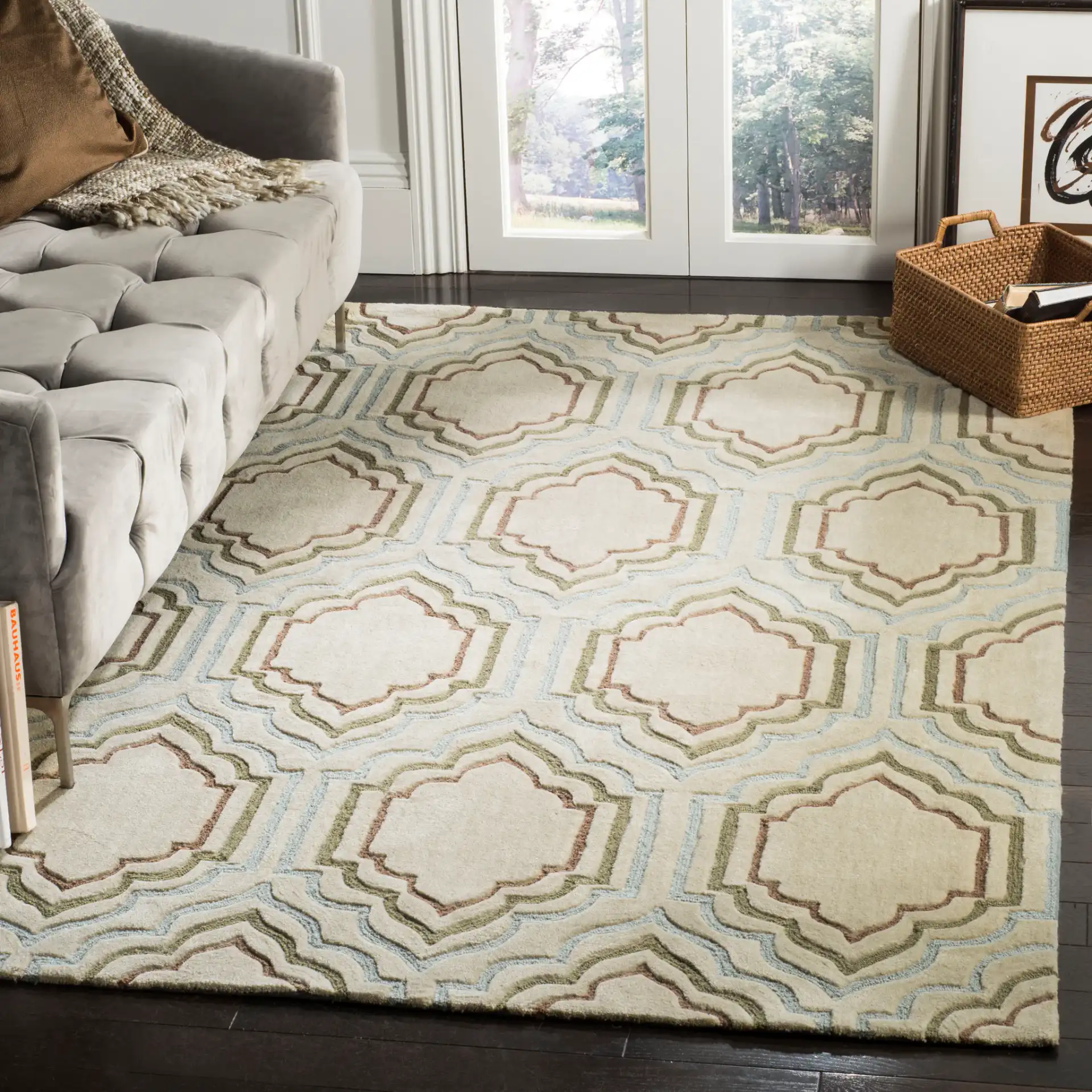 Modern Art Ogee Trellis Hand-Tufted Rug in Beige / Multicolor in a styled room