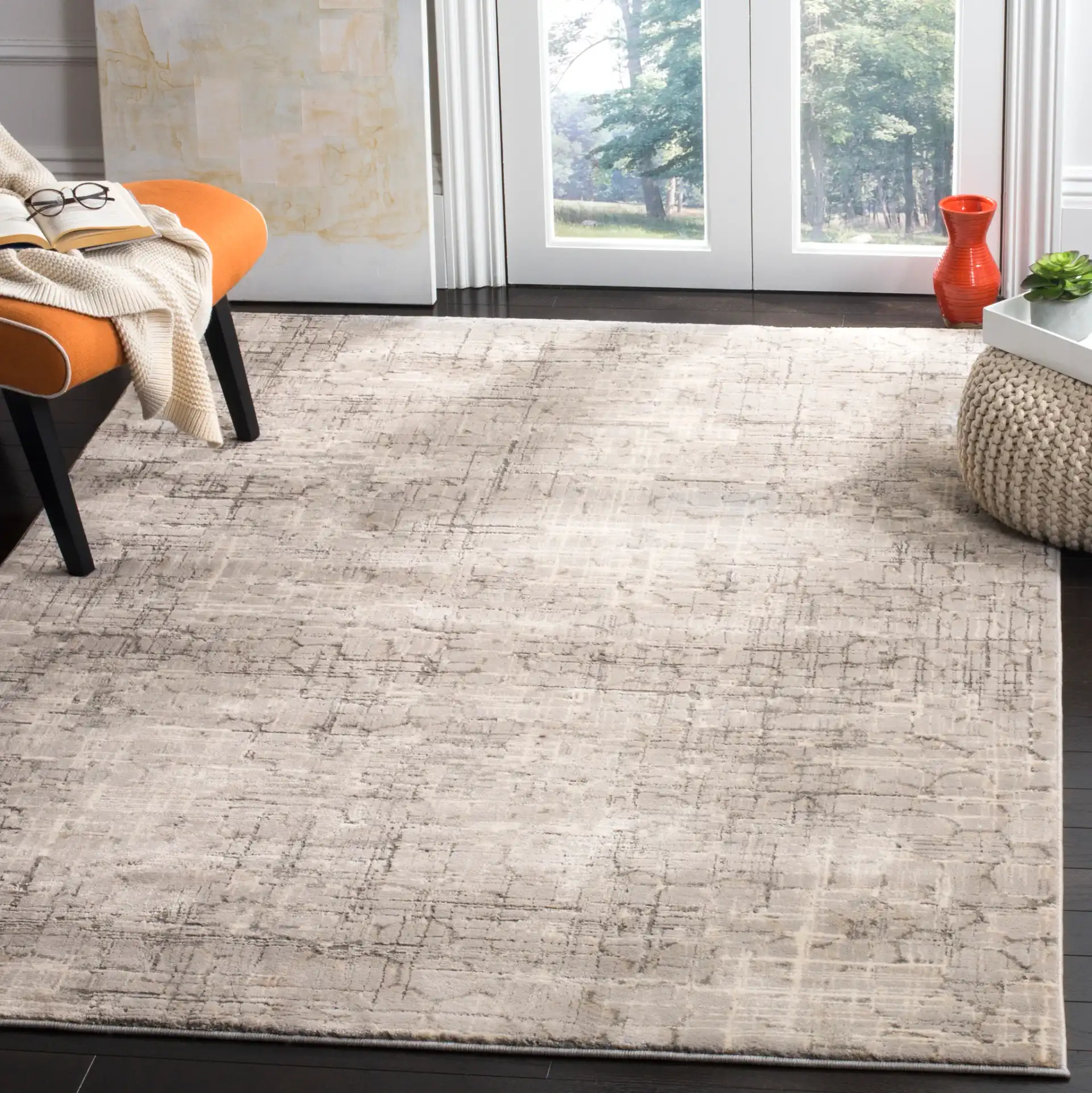 Meadow Abstract Grid Rug in Gray in a styled room
