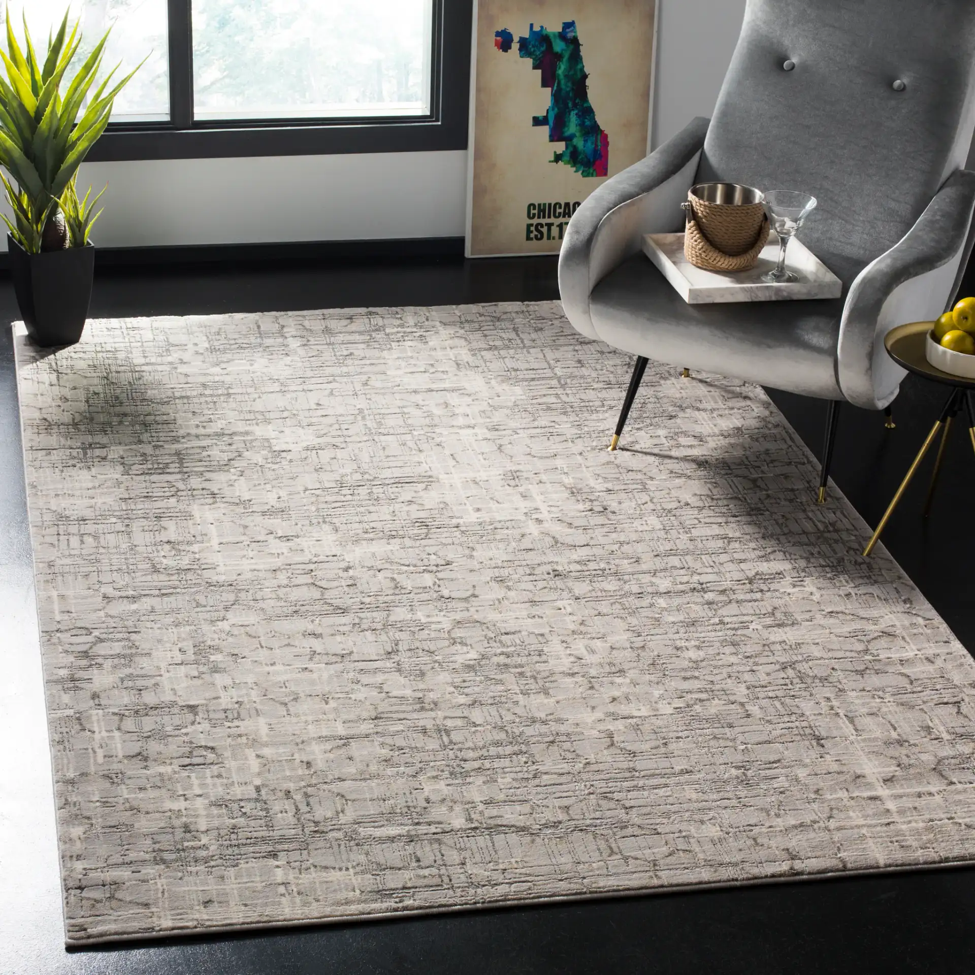 Meadow Abstract Grid Rug in Gray in a styled room