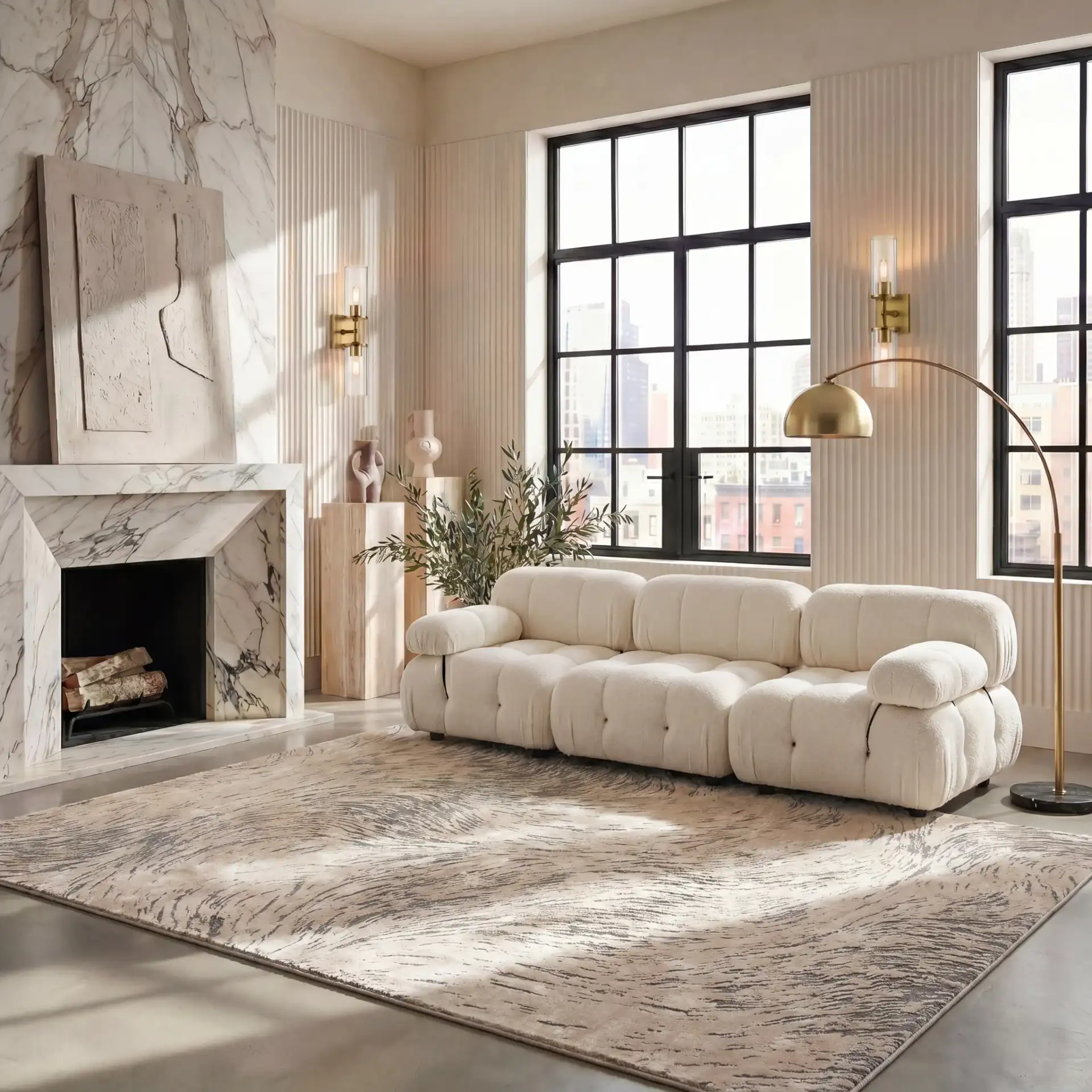 Meadow Abstract Swirl Rug in Ivory / Gray in a styled room