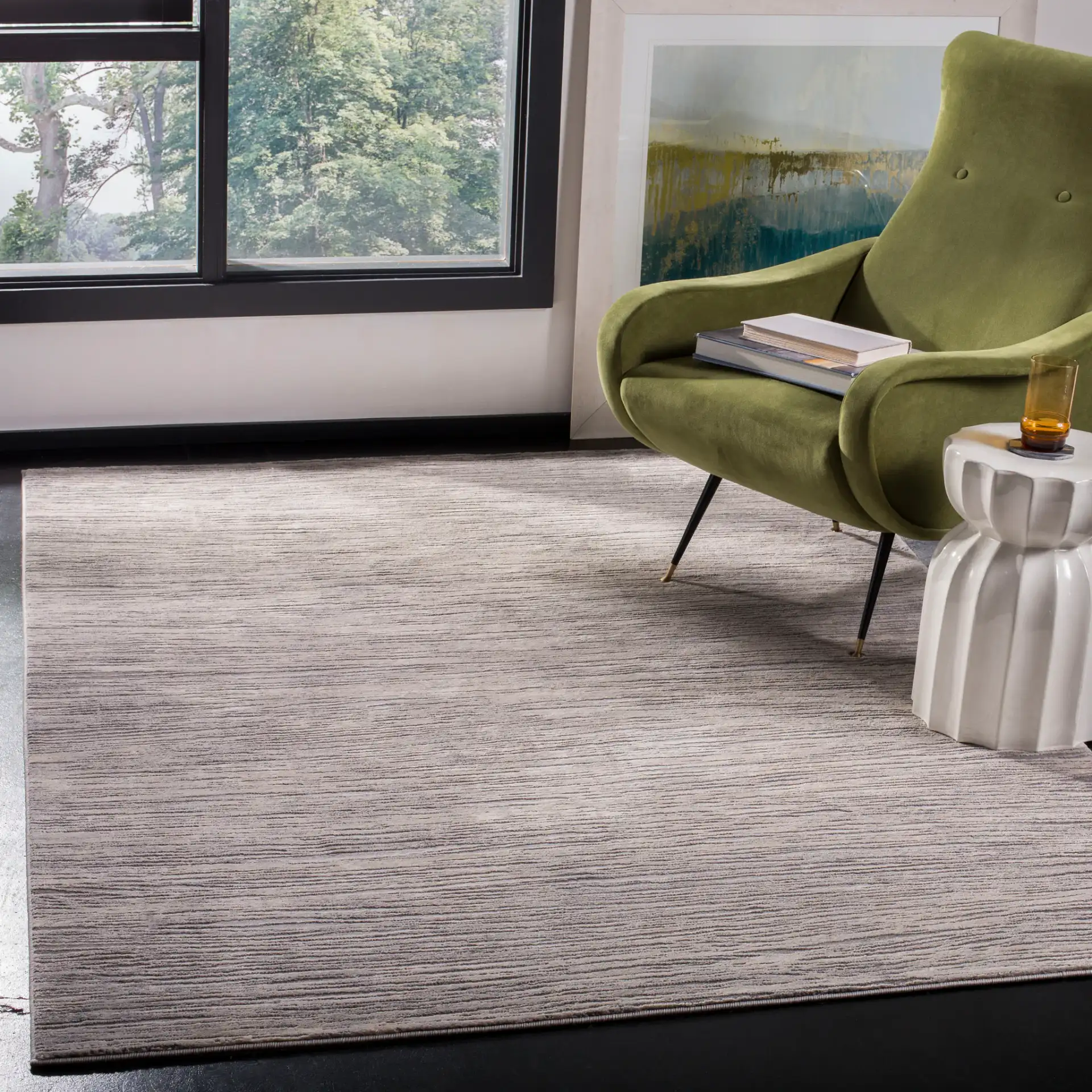 Meadow Linear Stripe Rug in Ivory / Gray in a styled room