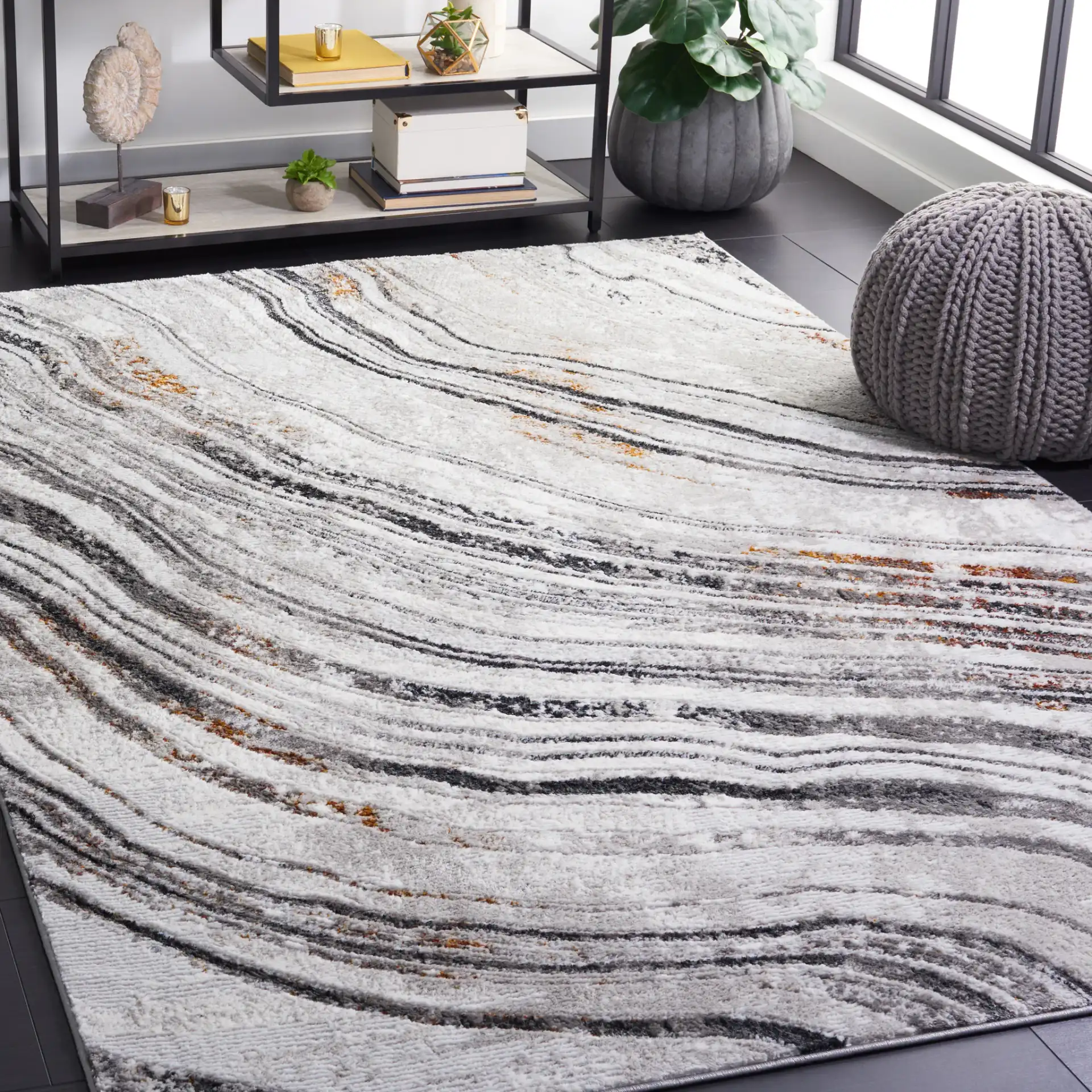 Meadow Marbled Wave Rug in Light Gray / Black in a styled room