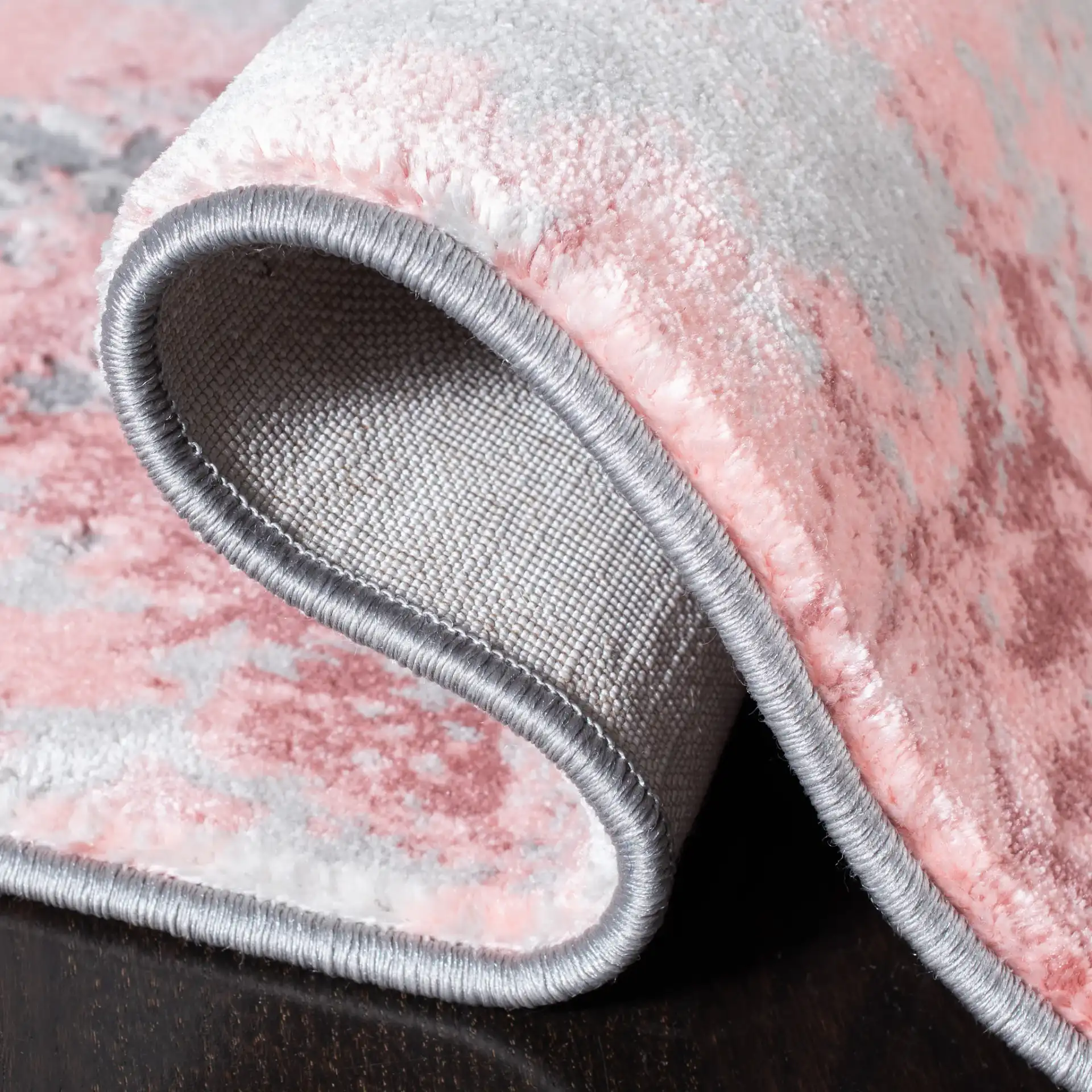 Meadow Distressed Damask Rug in Light Gray / Pink in a styled room