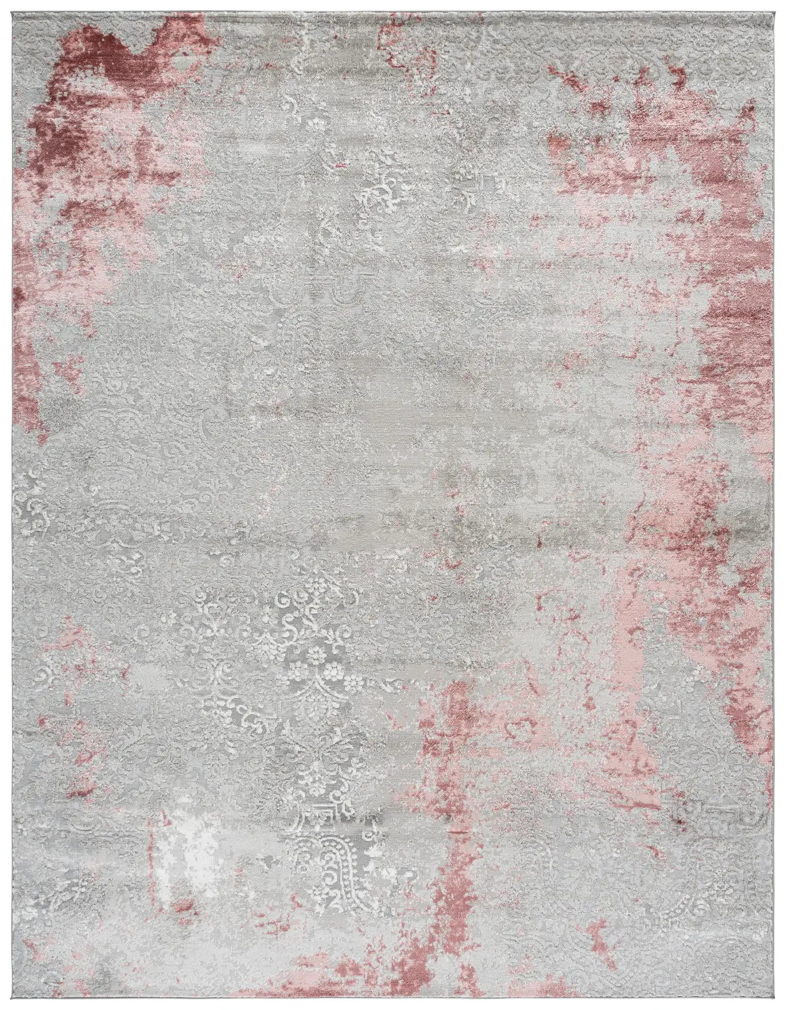 Meadow Distressed Damask Rug in Light Gray / Pink