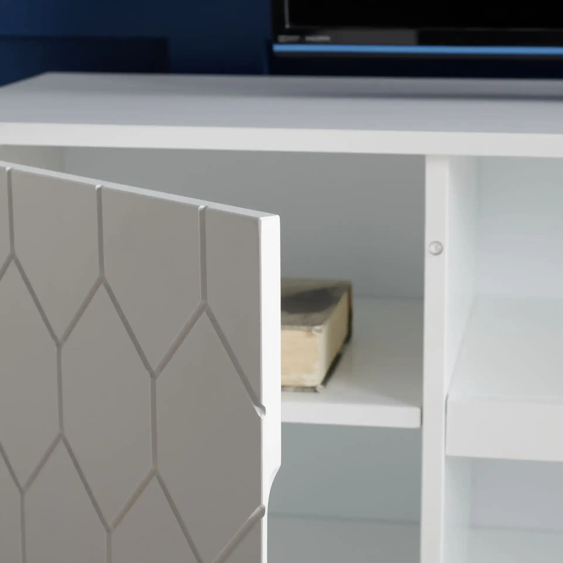 Kit Two-Shelf Pattern Media Stand in White / Gold in a styled room