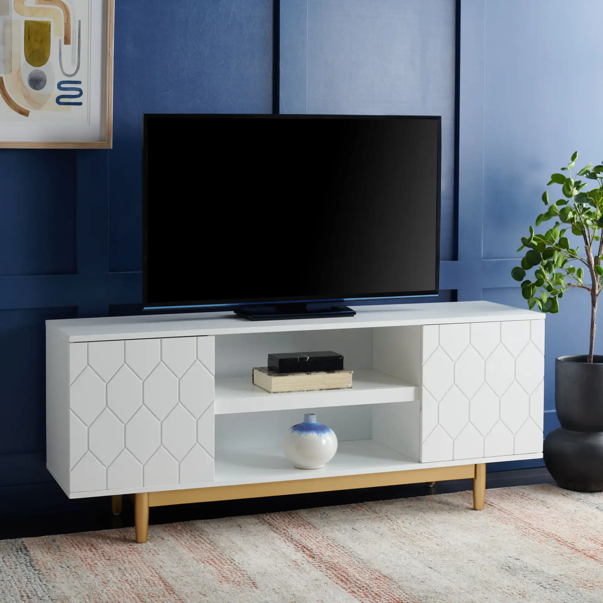 Kit Two-Shelf Pattern Media Stand in White / Gold in a styled room