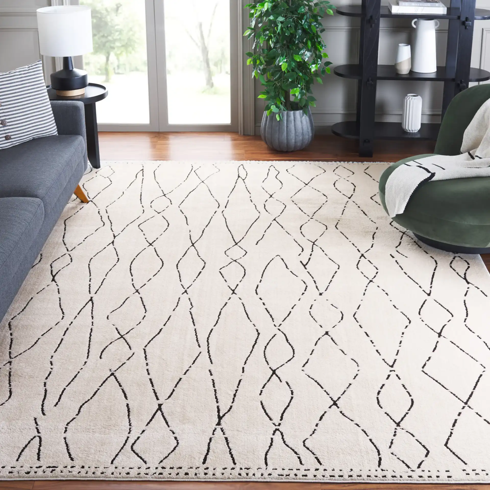 Melody Tulum Diamond Rug in Ivory / Black in a styled room