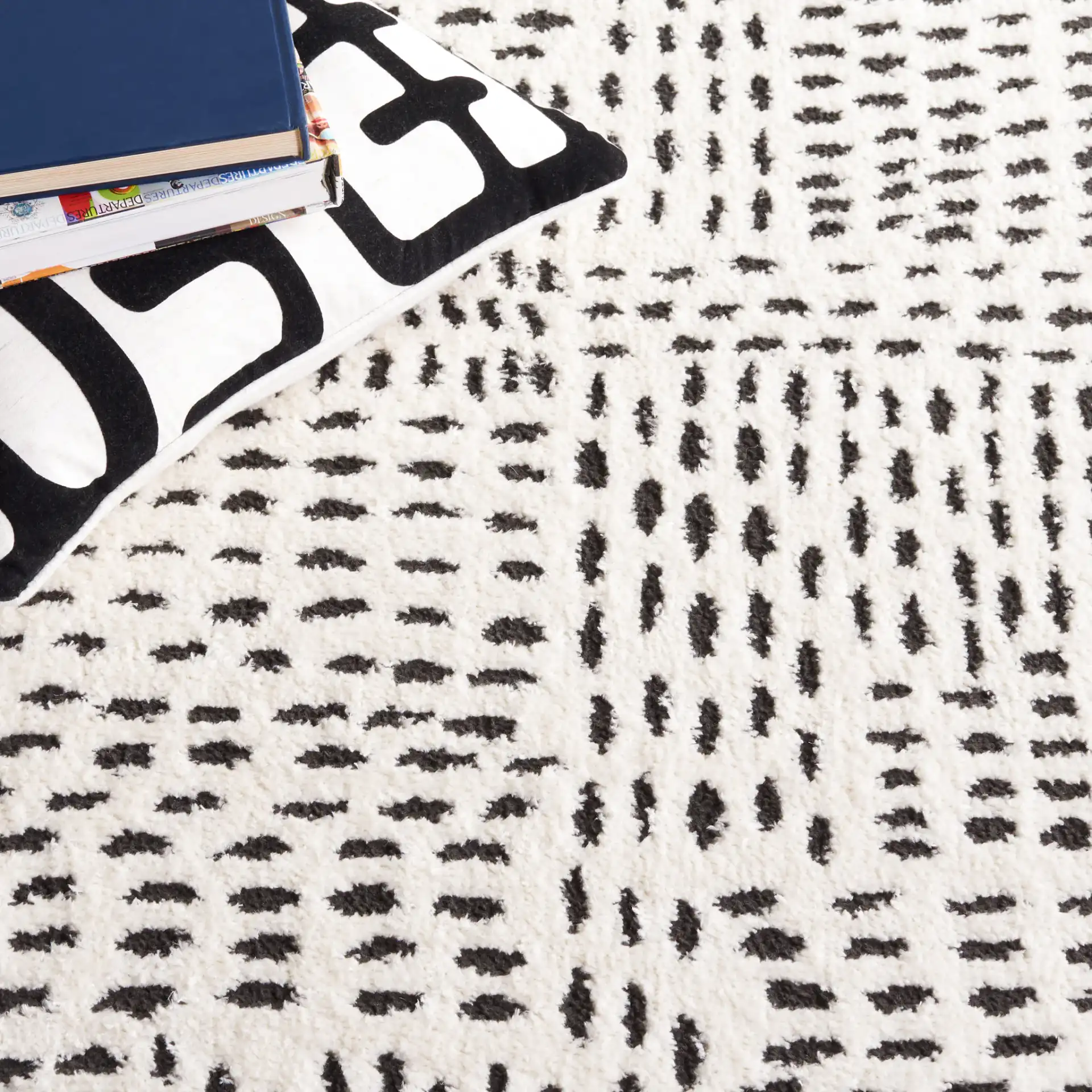 Melody Dashed Block Rug in Ivory / Black in a styled room