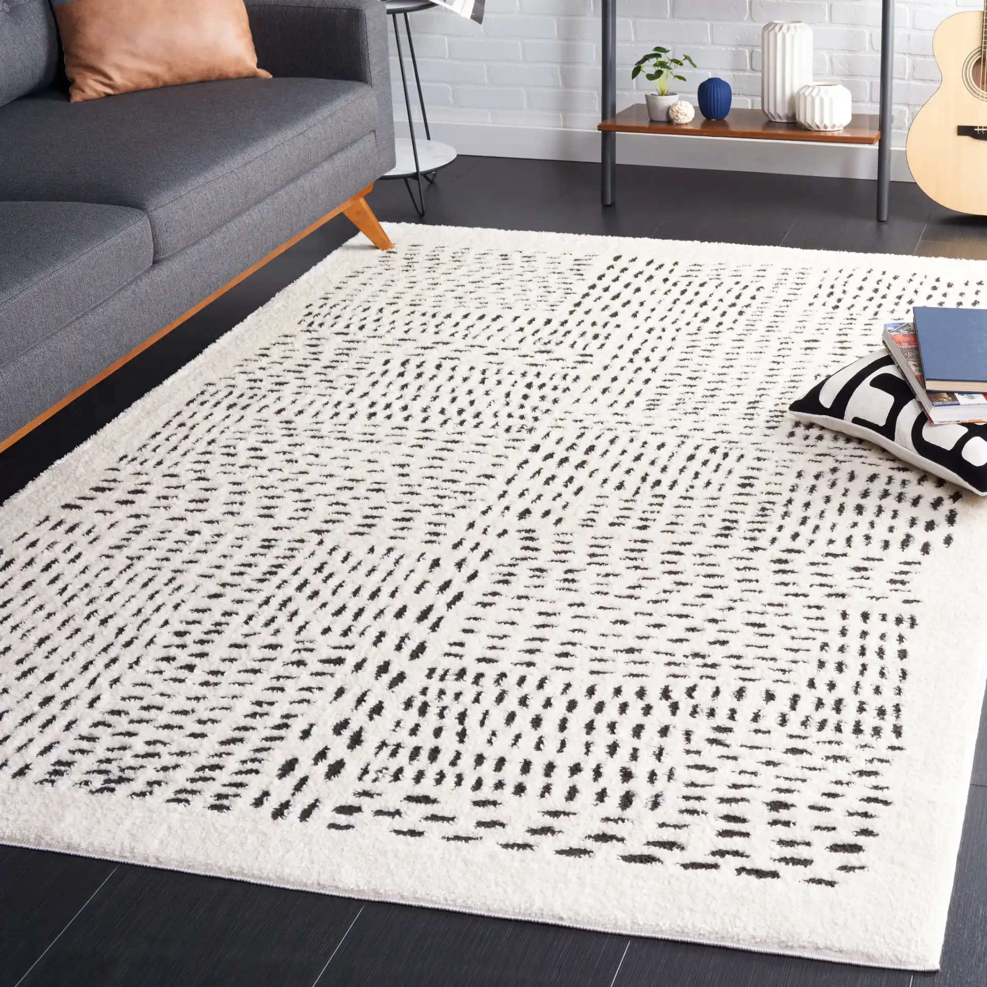 Melody Dashed Block Rug in Ivory / Black in a styled room