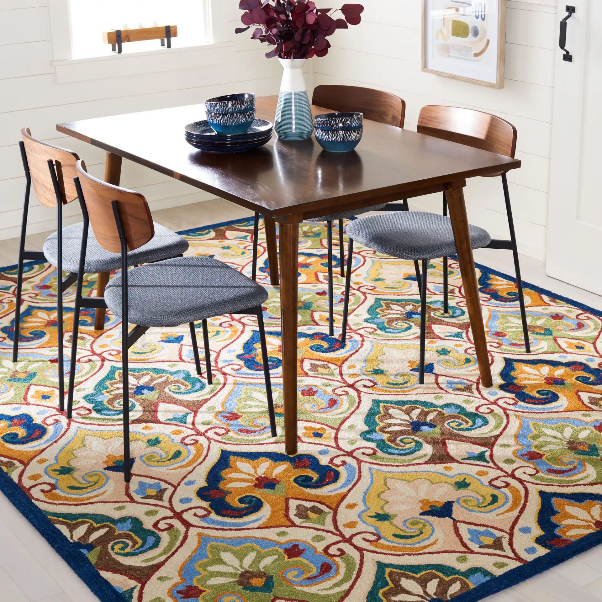 Metro Damask Scroll Trellis Hand-Tufted Wool Rug in Beige / Blue in a styled room