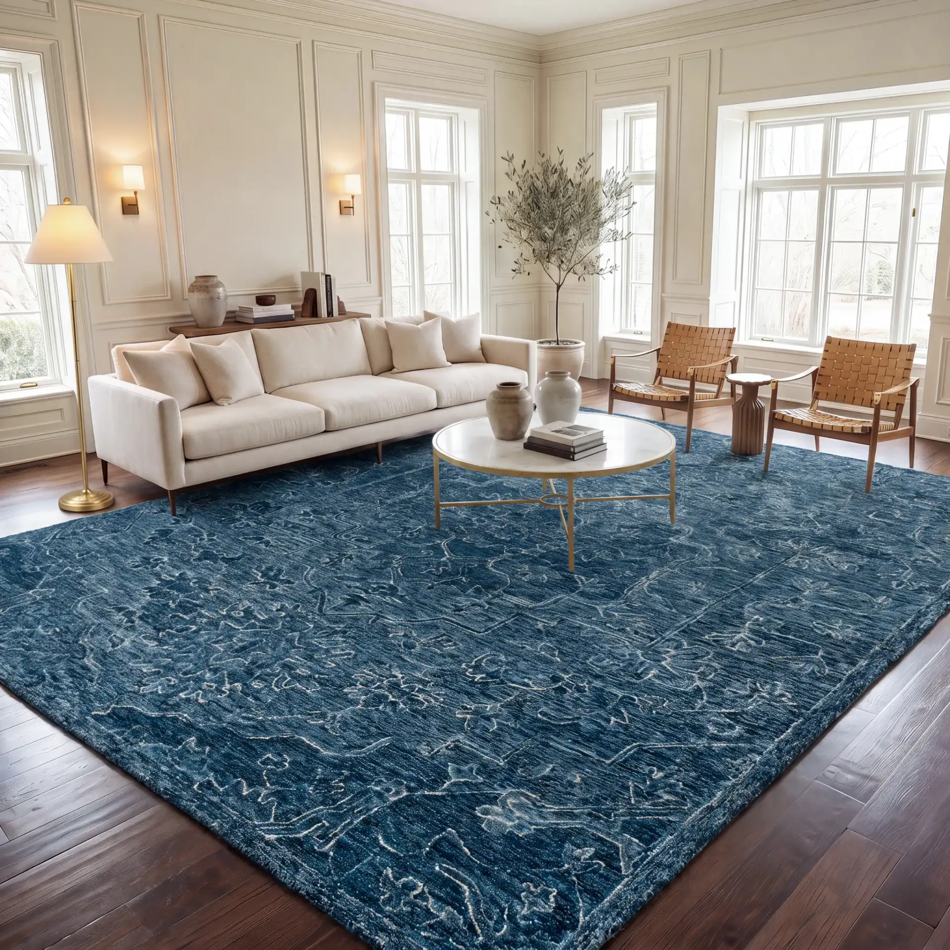 Metro Stepped Floral Medallion Hand-Tufted Wool Rug in Blue in a styled room
