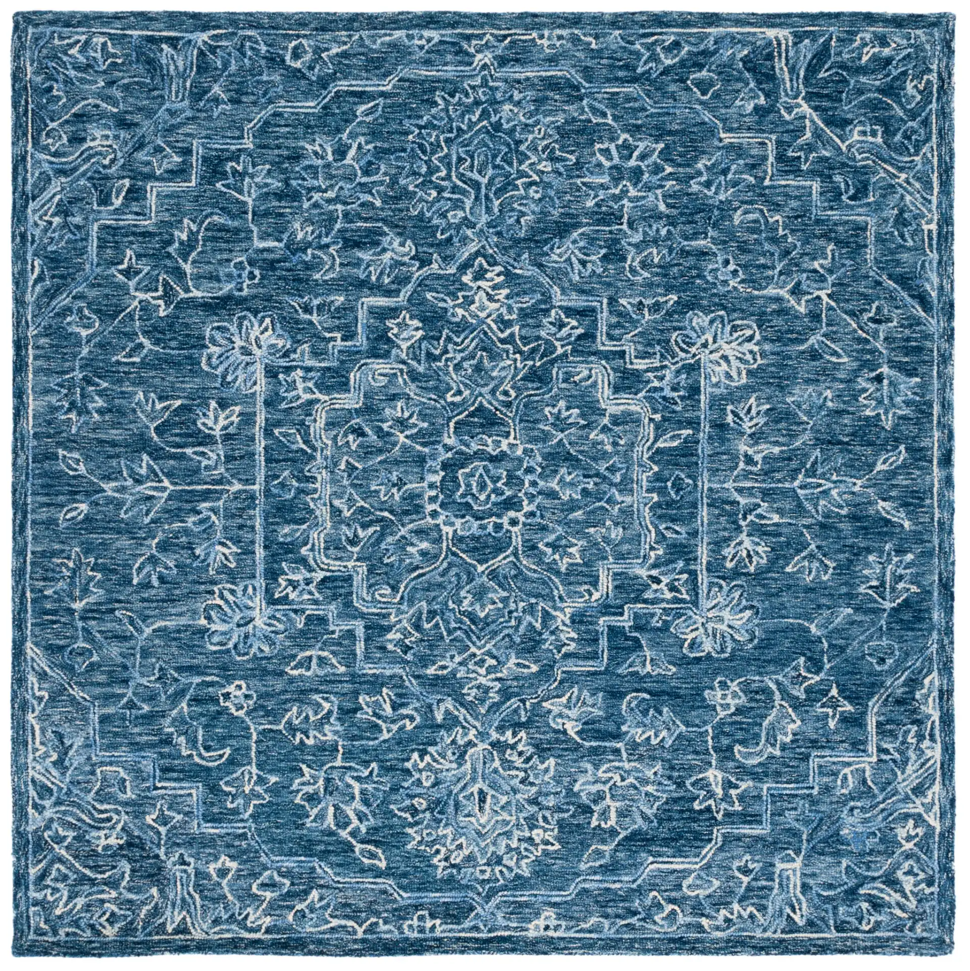 Metro Stepped Floral Medallion Hand-Tufted Wool Rug in Blue