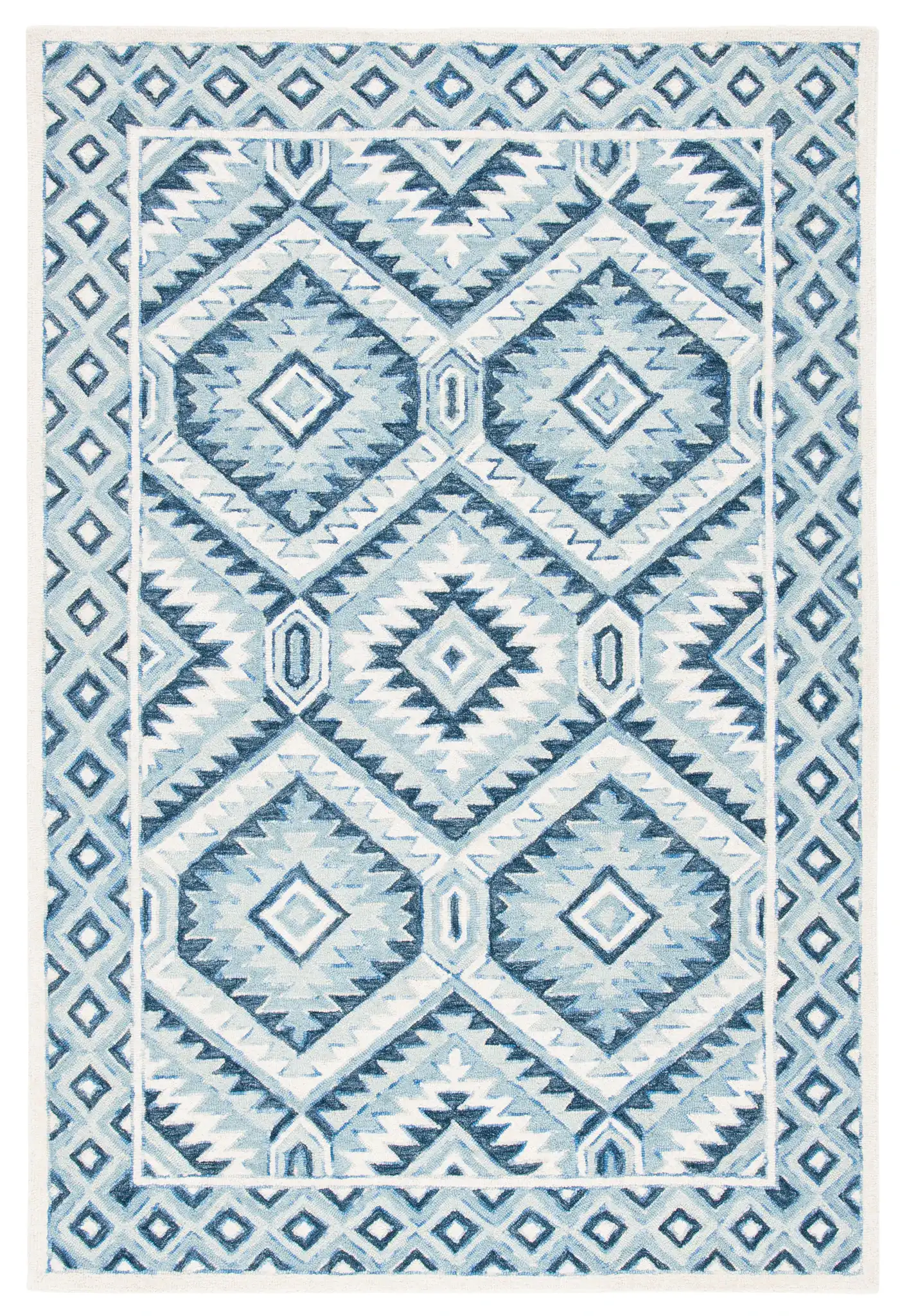 Metro Tribal Serrated Diamond Medallion Hand-Tufted Wool Rug in Blue / Ivory