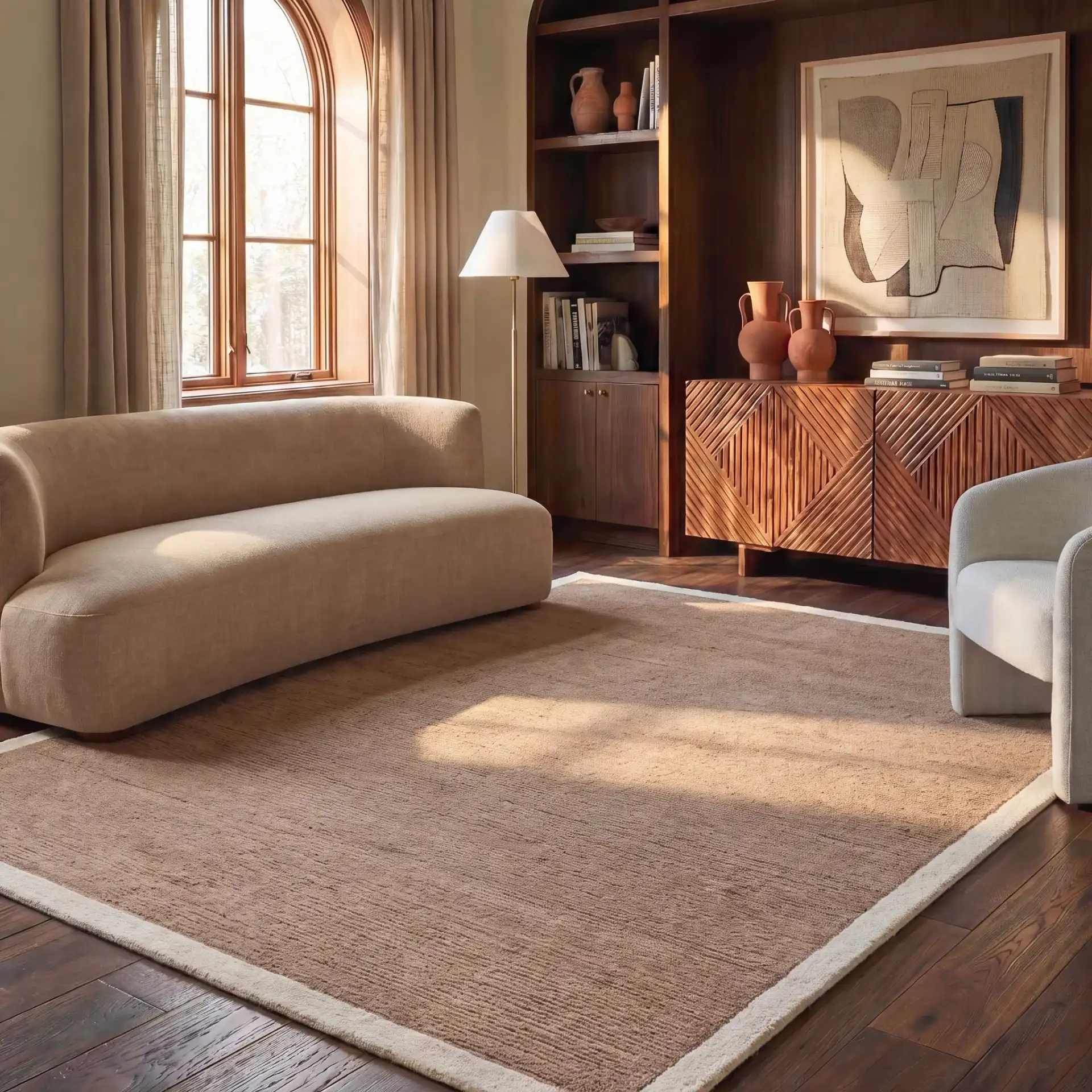 Metro Bordered Hand-Tufted Wool Rug in Beige / Ivory in a styled room