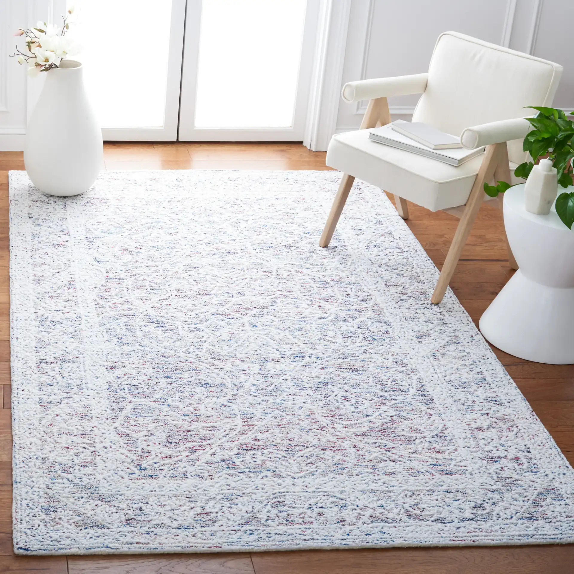 Metro Distressed Diamond Hand-Tufted Wool Blend Rug in Ivory / Red in a styled room