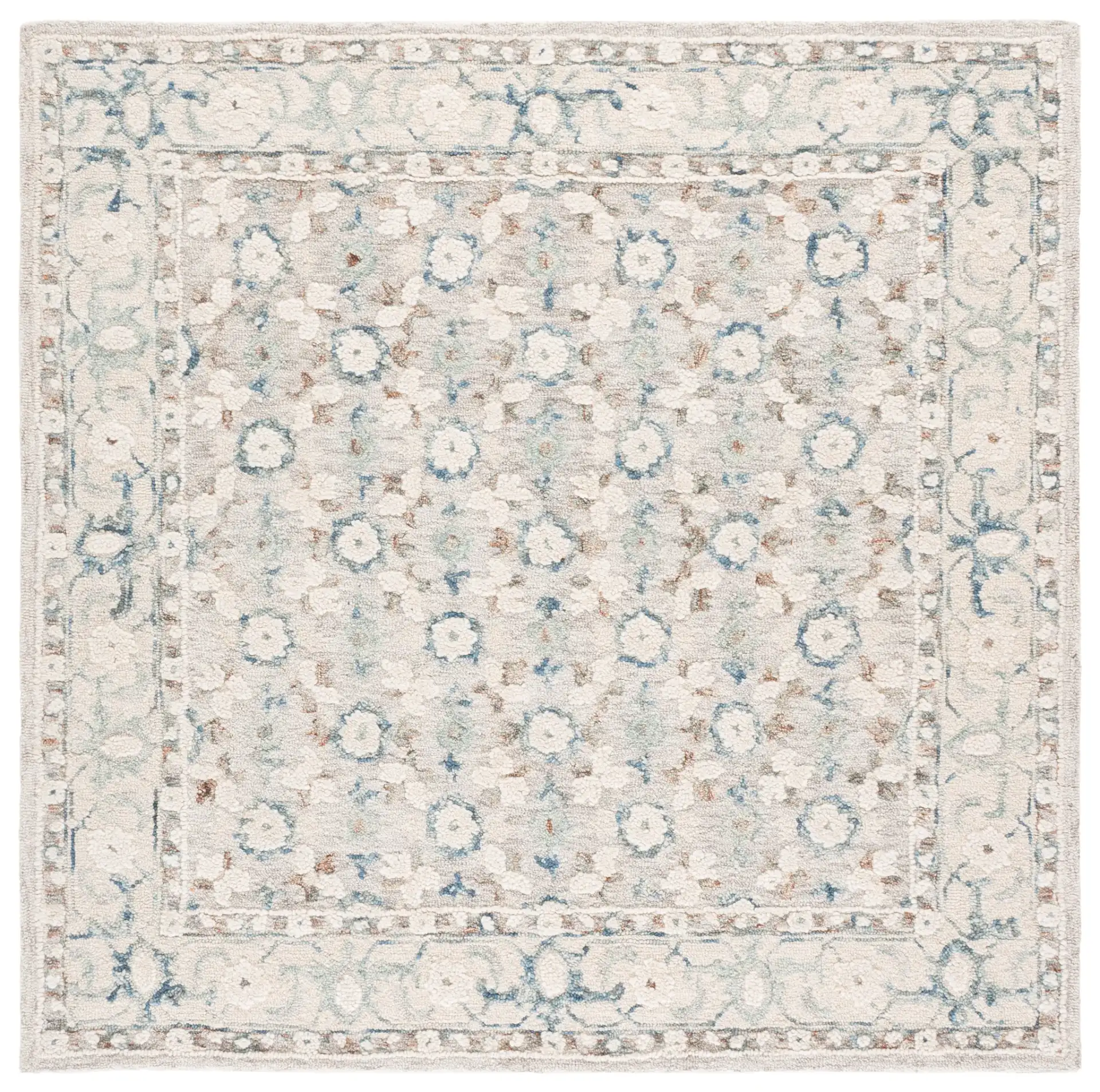 Metro Rosette Bordered Hand-Tufted Wool Rug in Ivory / Blue