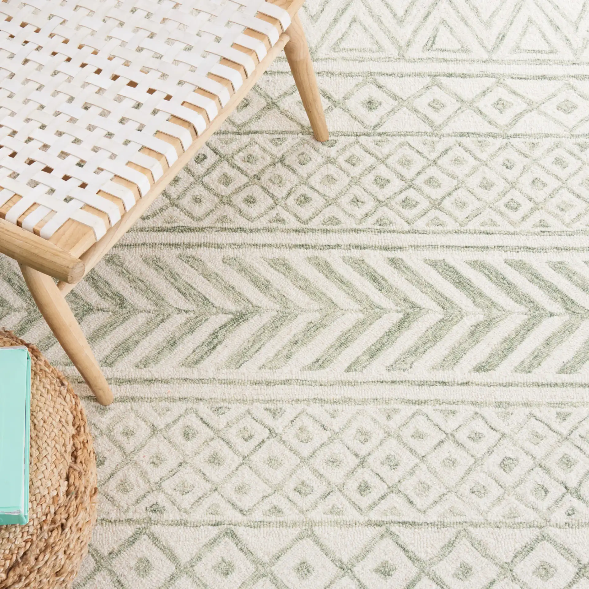 Metro Geometric Banded Hand-Tufted Wool Rug in Ivory / Light Green in a styled room