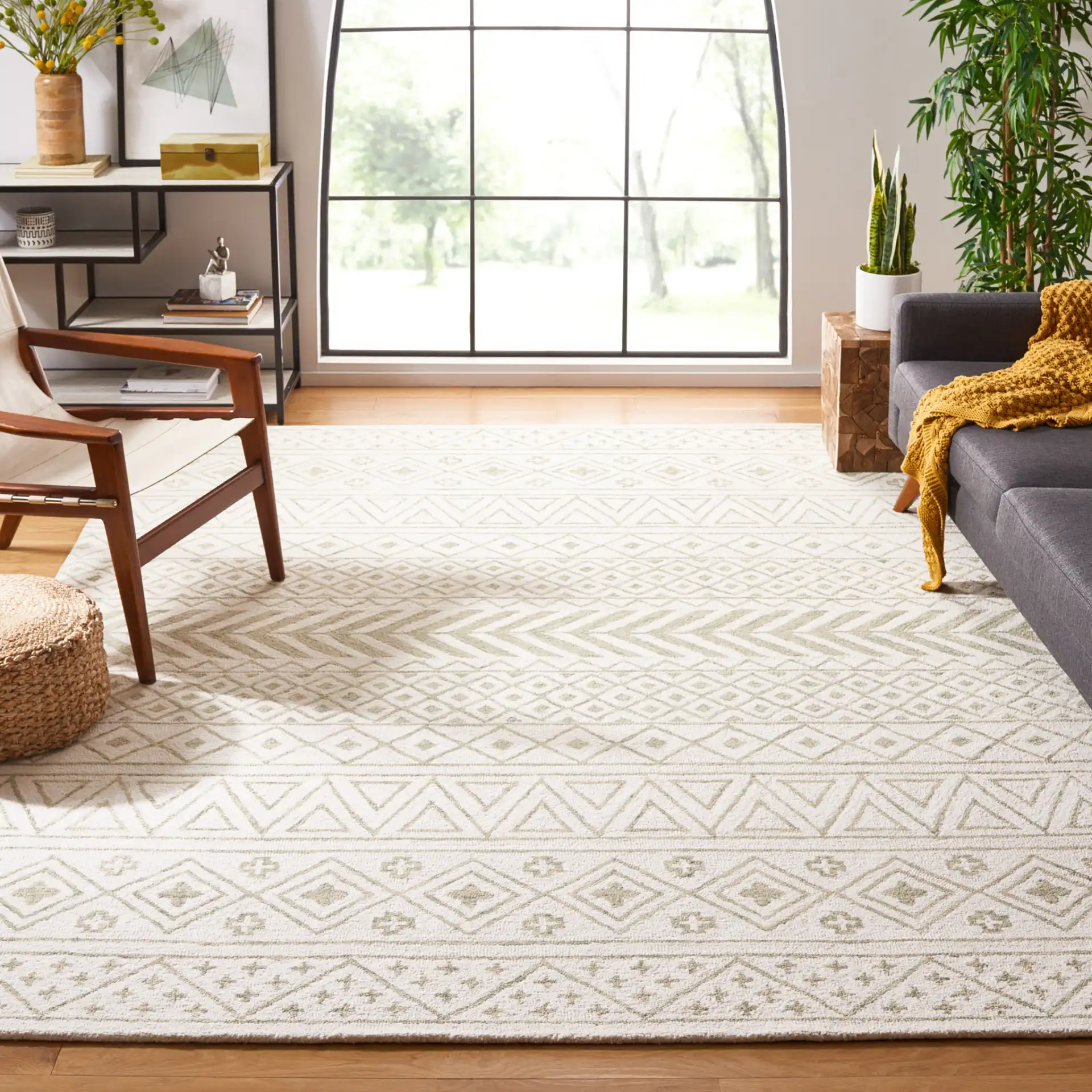 Metro Geometric Banded Hand-Tufted Wool Rug in Ivory / Light Green in a styled room