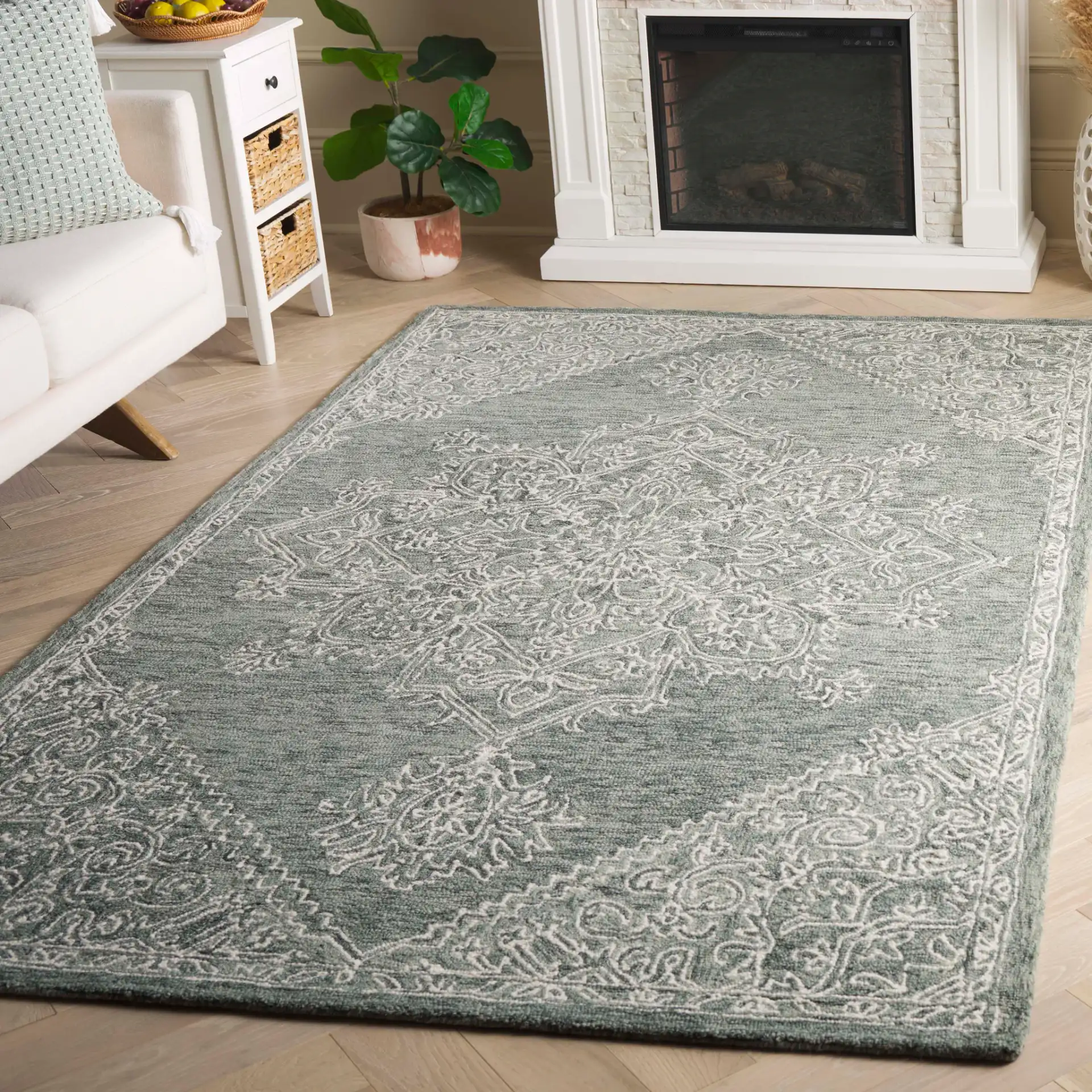 Metro Linear Medallion Hand-Tufted Wool Rug in Green / Ivory in a styled room