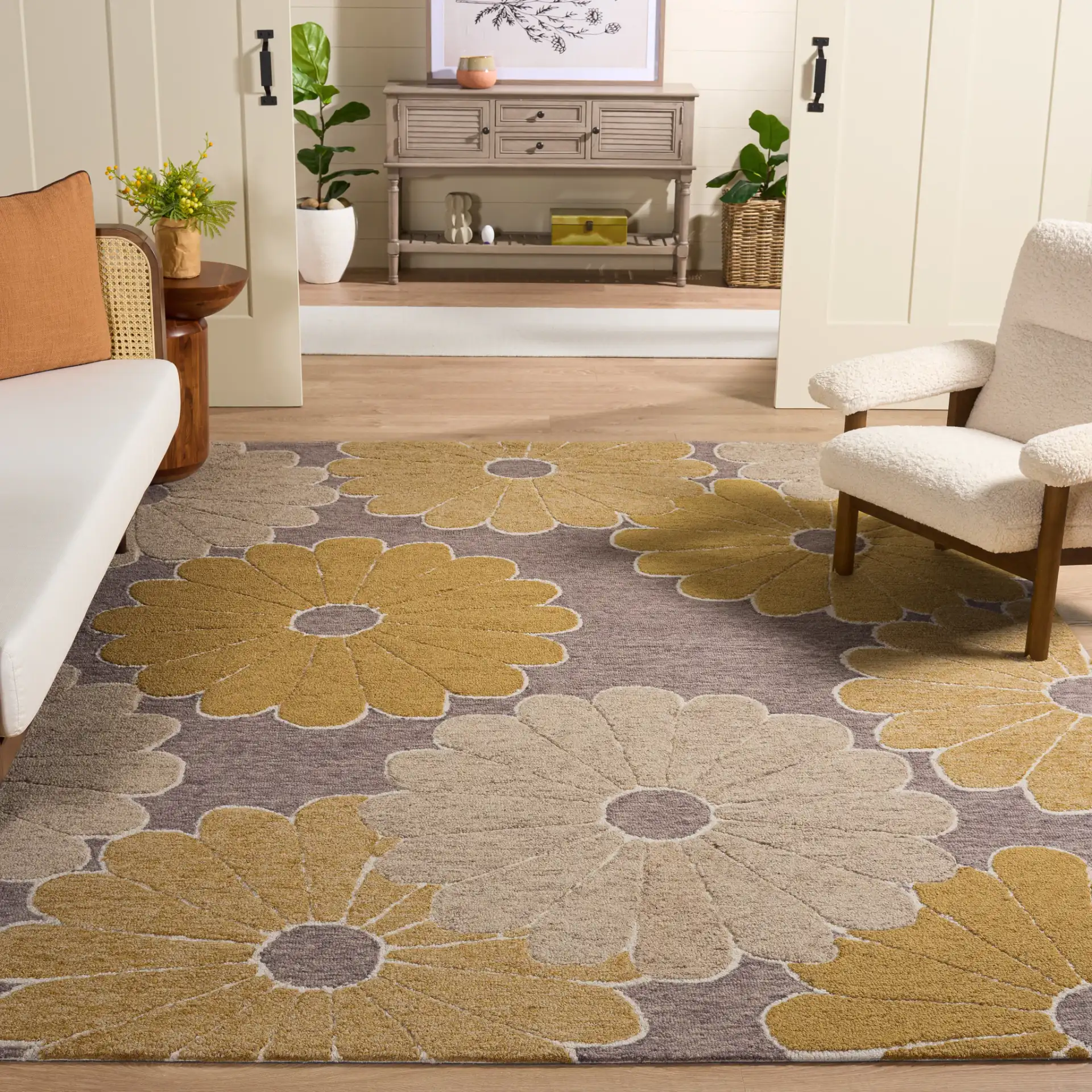 Metro Daisy Hand-Tufted Wool Rug in Dark Gray / Beige in a styled room