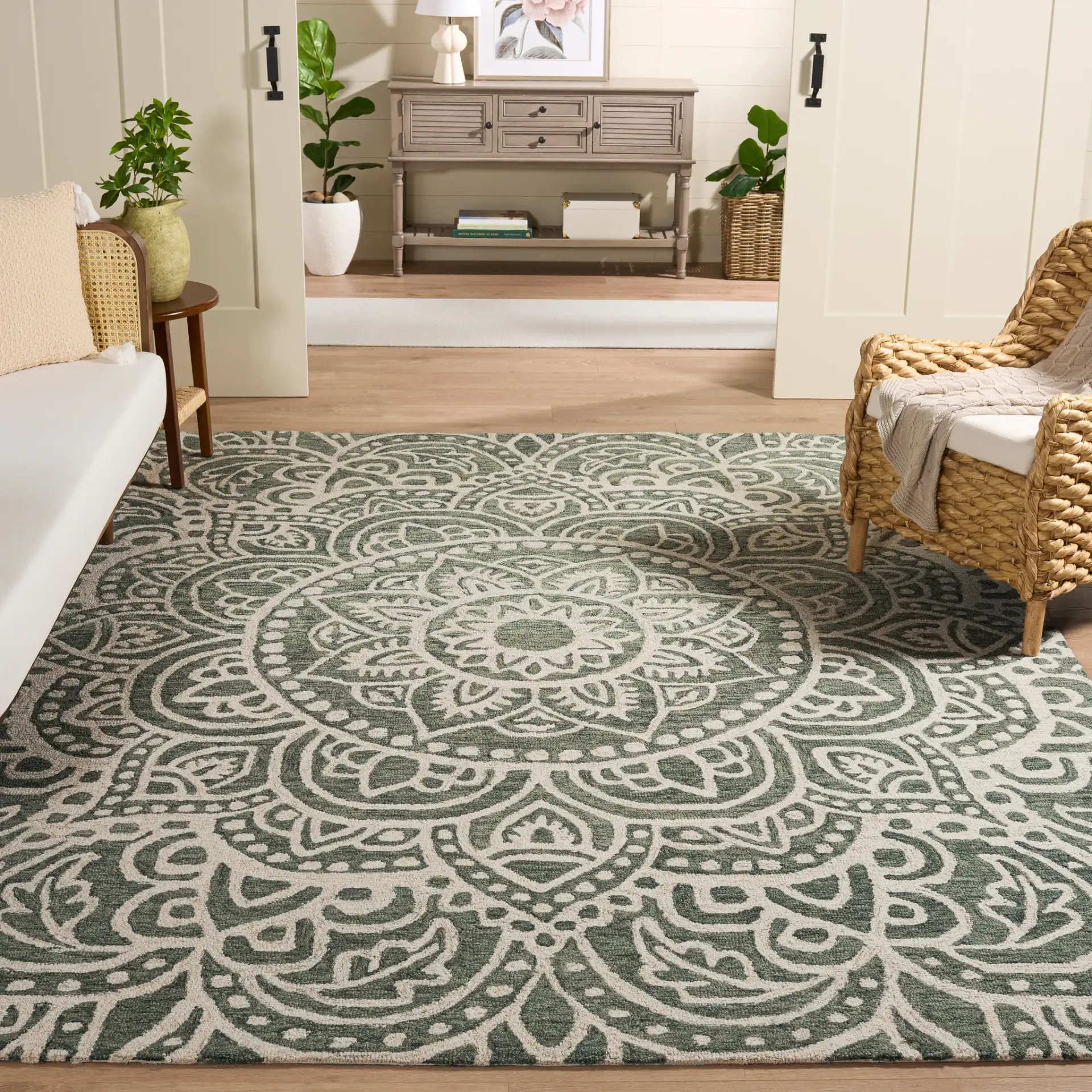 Metro Mandala Medallion Hand-Tufted Wool Rug in Green / Ivory in a styled room