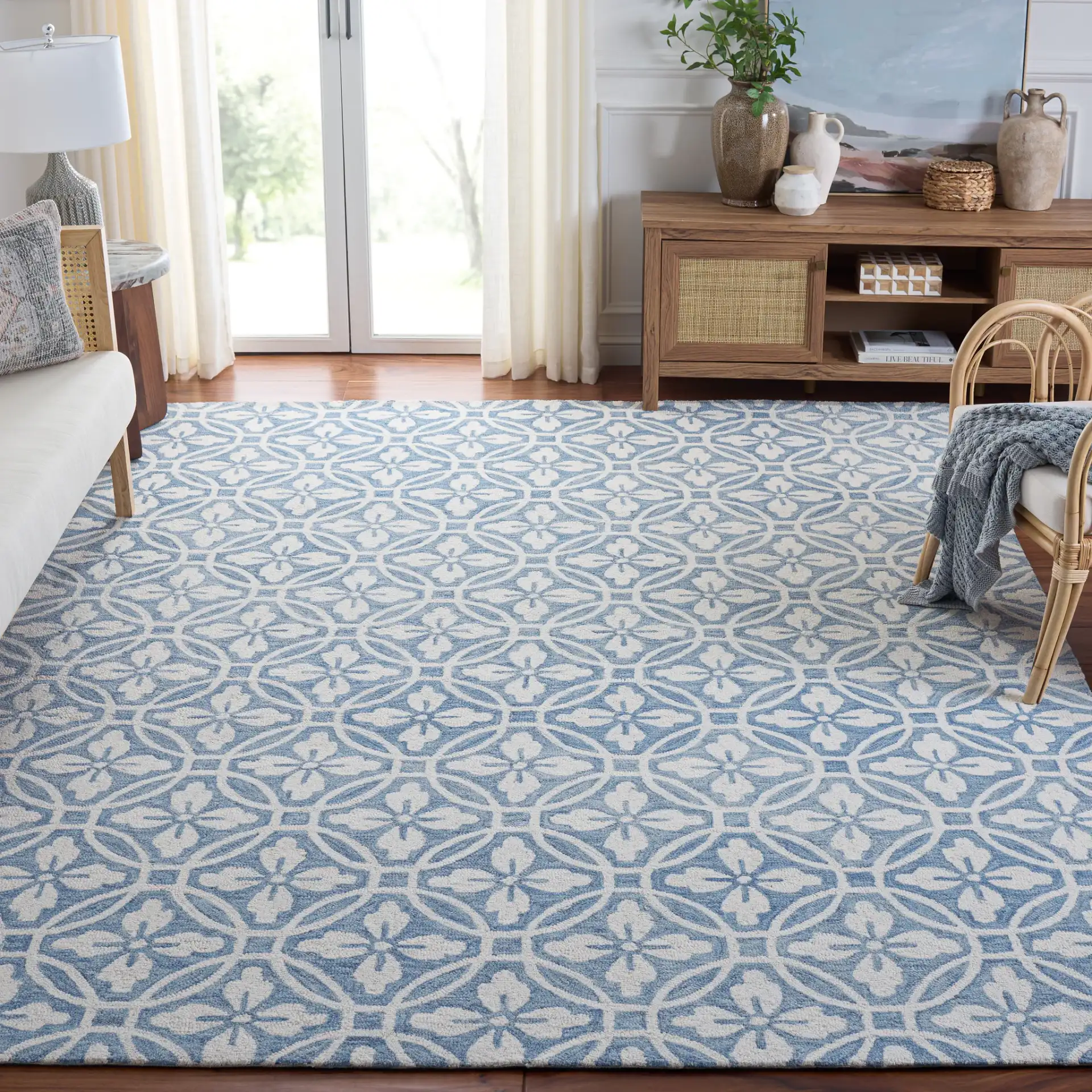 Metro Floral Tile Hand-Tufted Wool Rug in Ivory / Blue in a styled room