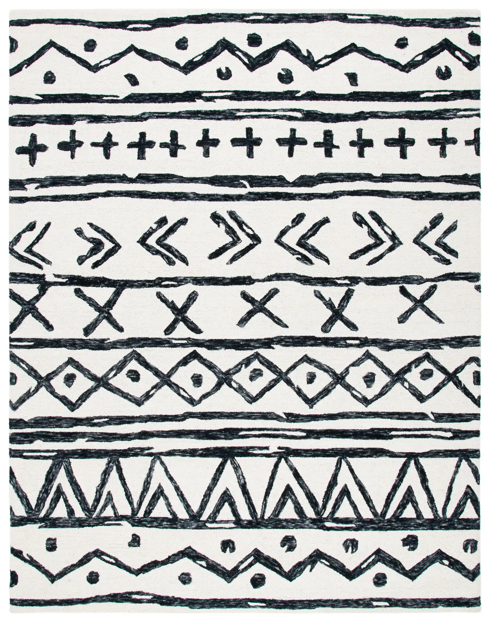 Metro Tribal Motif Stripe Hand-Tufted Wool Rug in Black / Ivory
