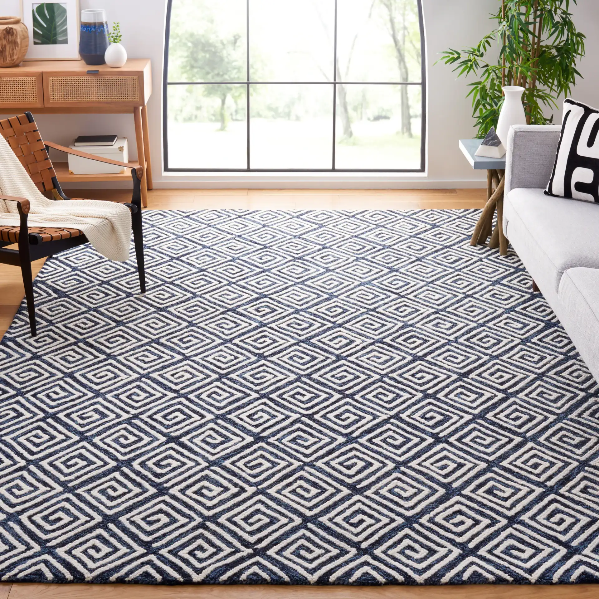 Metro Maze Hand-Tufted Wool Rug in Navy / Ivory in a styled room