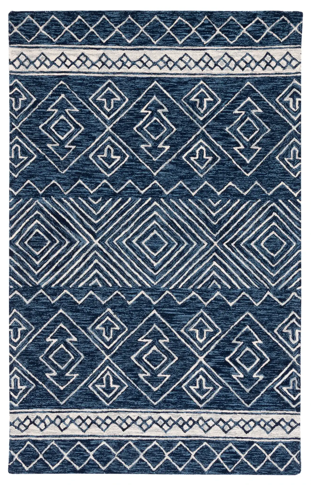 Metro Diamond Banded Hand-Tufted Wool Rug in Navy / Ivory