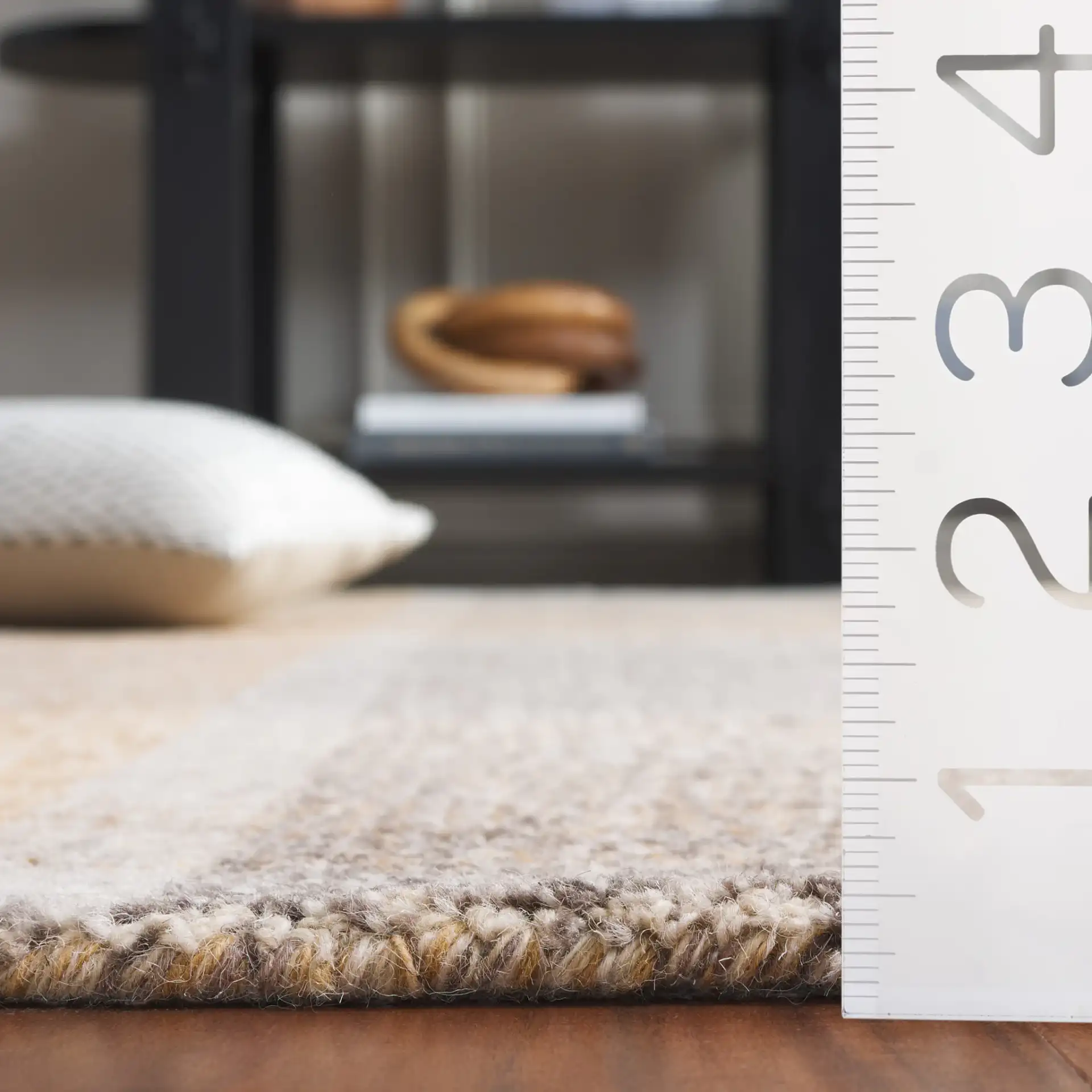 Metro Plaid Hand-Tufted Wool Rug in Light Brown / Blue in a styled room