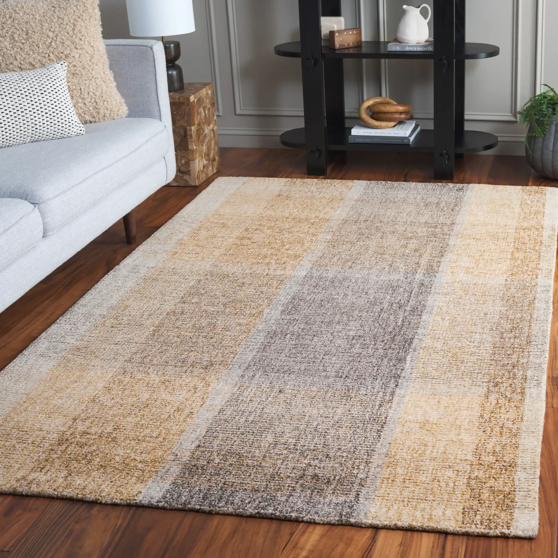 Metro Plaid Hand-Tufted Wool Rug in Light Brown / Blue in a styled room