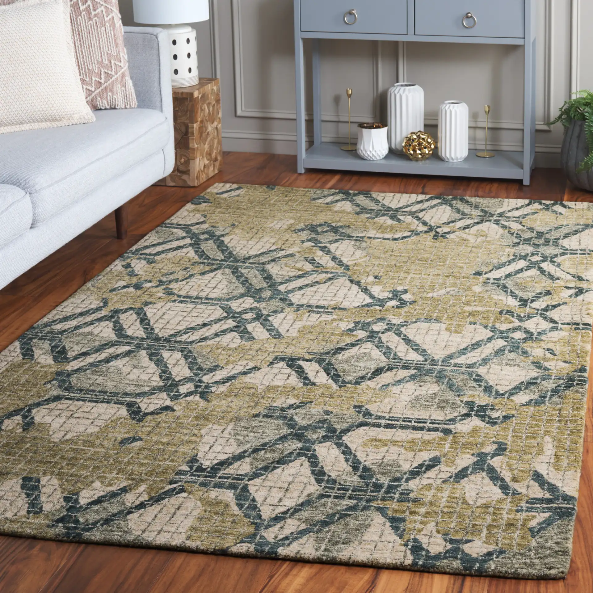 Metro Lattice Hand-Tufted Wool Rug in Green / Beige in a styled room