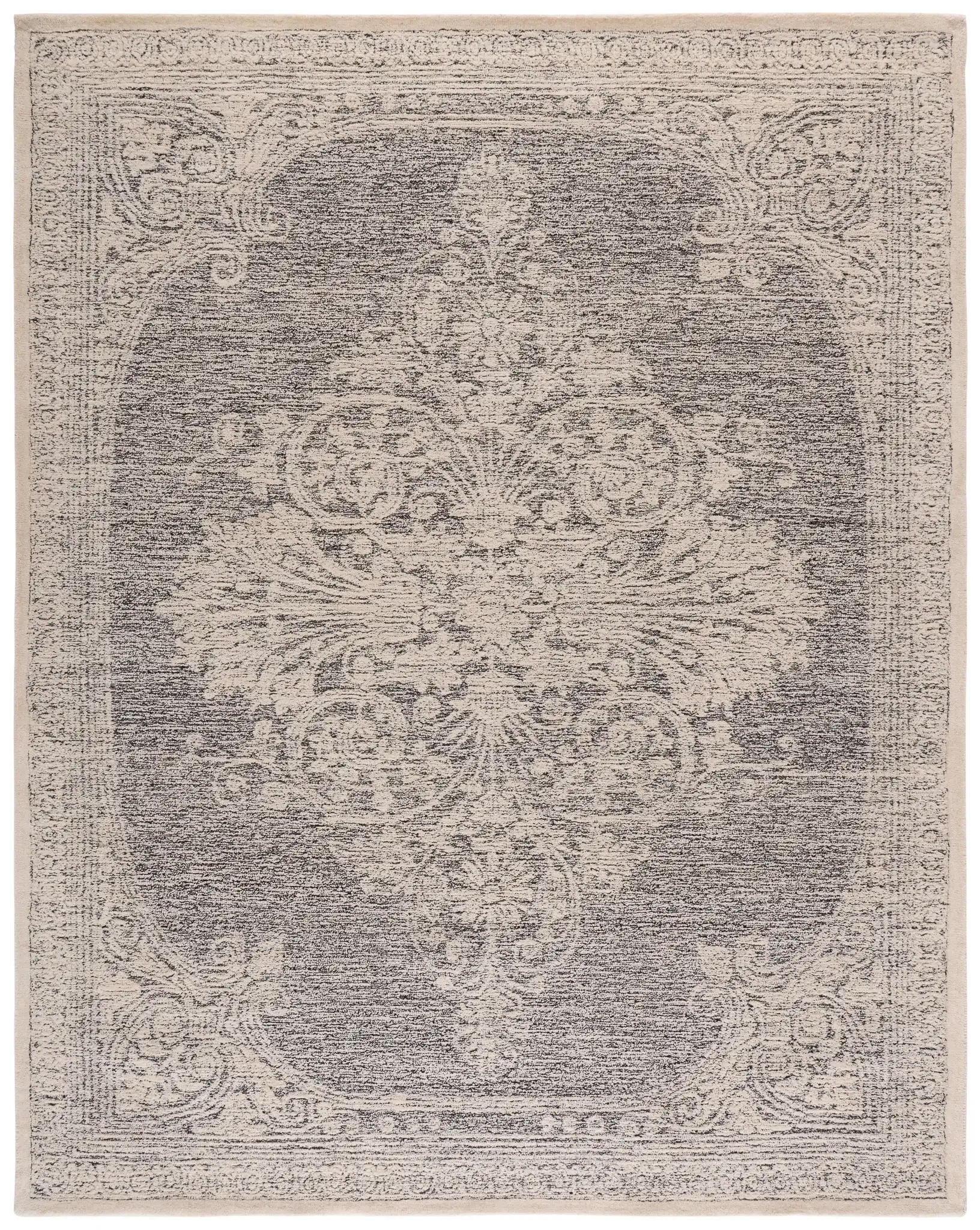 Metro Scroll Medallion Hand-Tufted Wool Rug in Ivory / Black