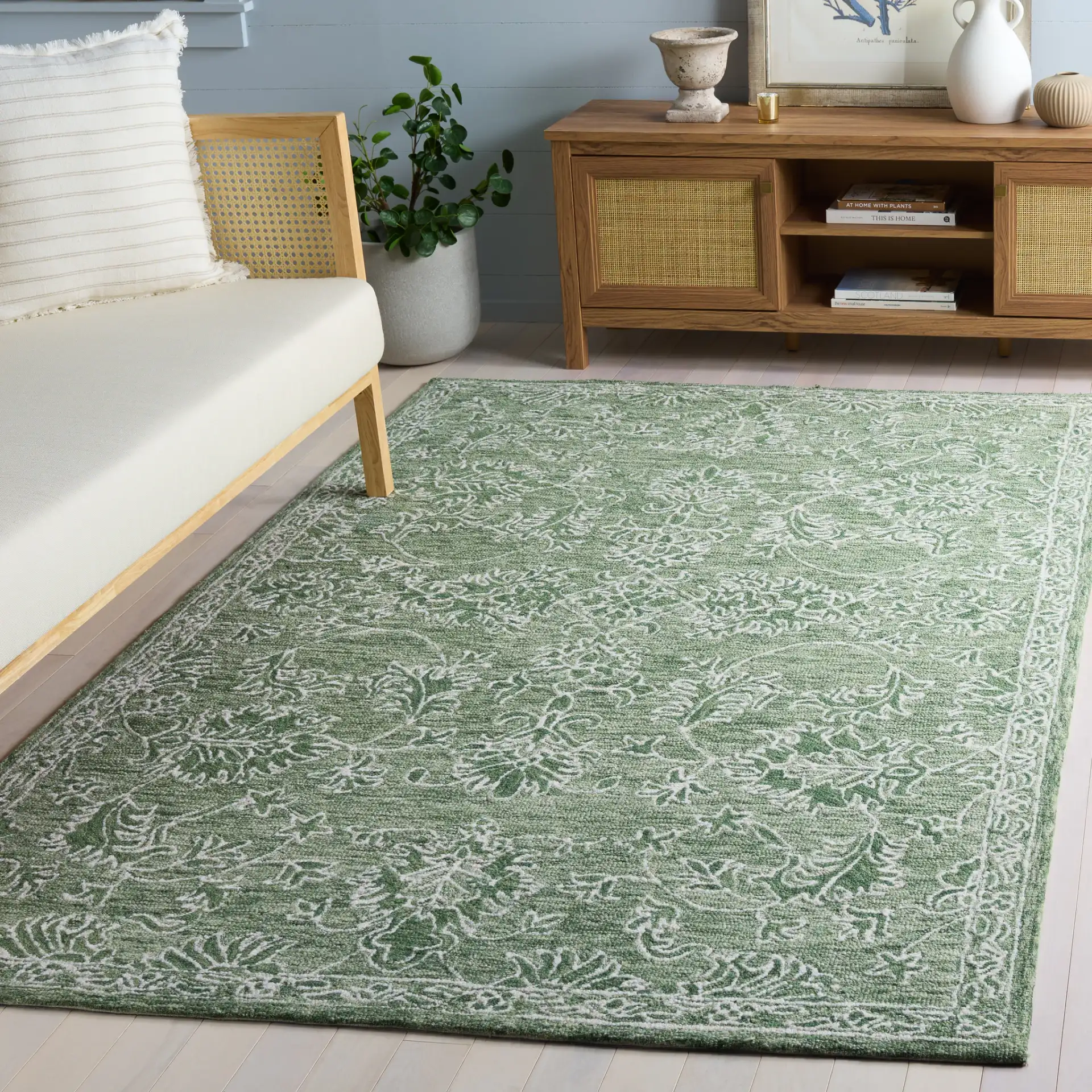 Metro Acanthus Scroll Hand-Tufted Wool Rug in Sage / Green in a styled room