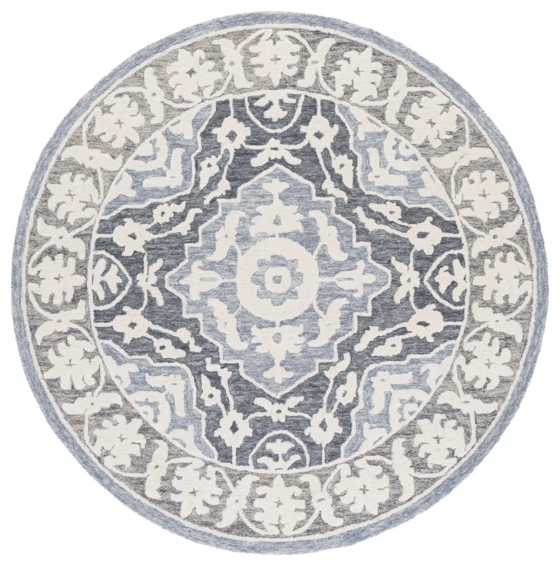 Metro Medallion Border Hand-Tufted Wool Rug in Light Blue / Gray