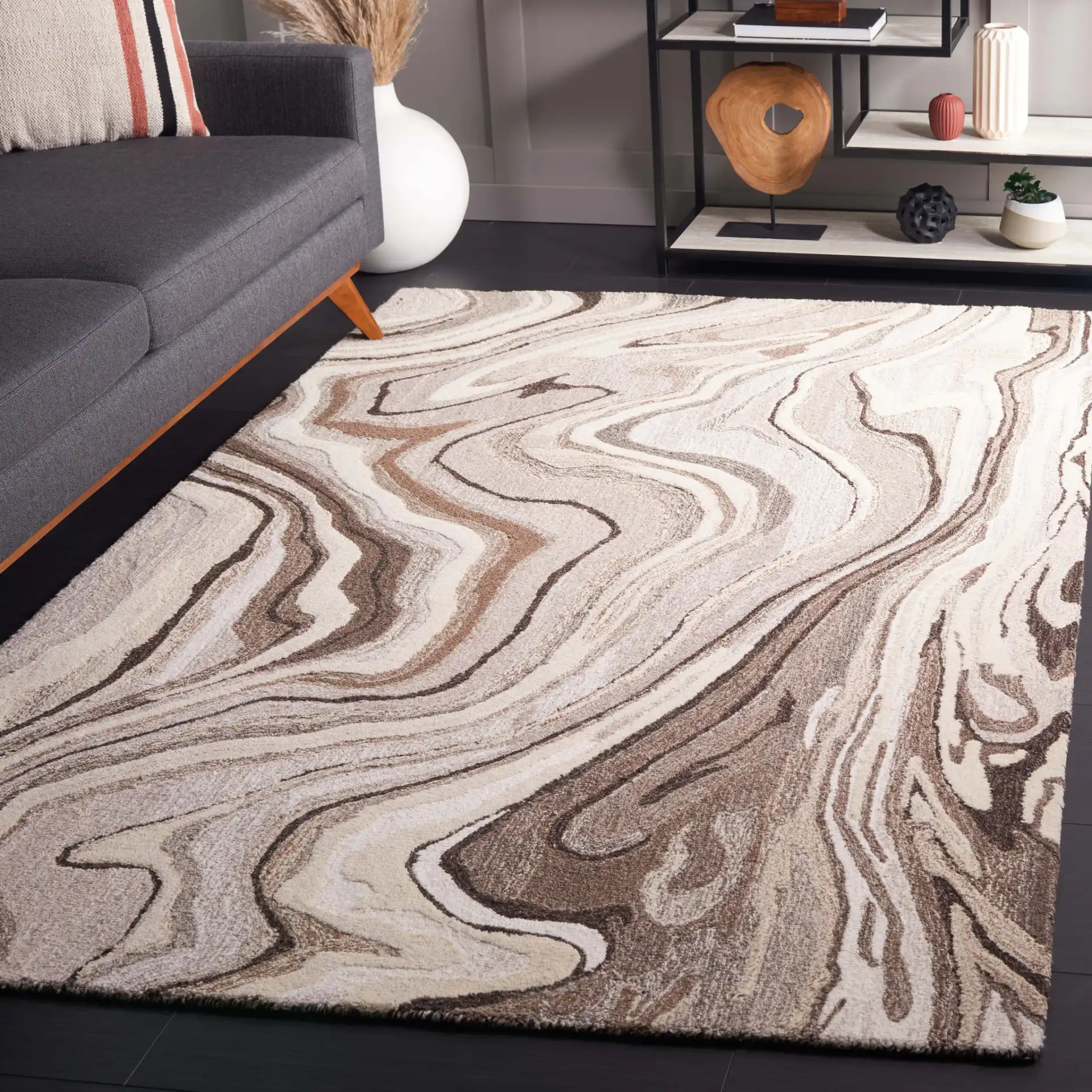 Metro Marble Hand-Tufted Wool Rug in Brown / Ivory in a styled room