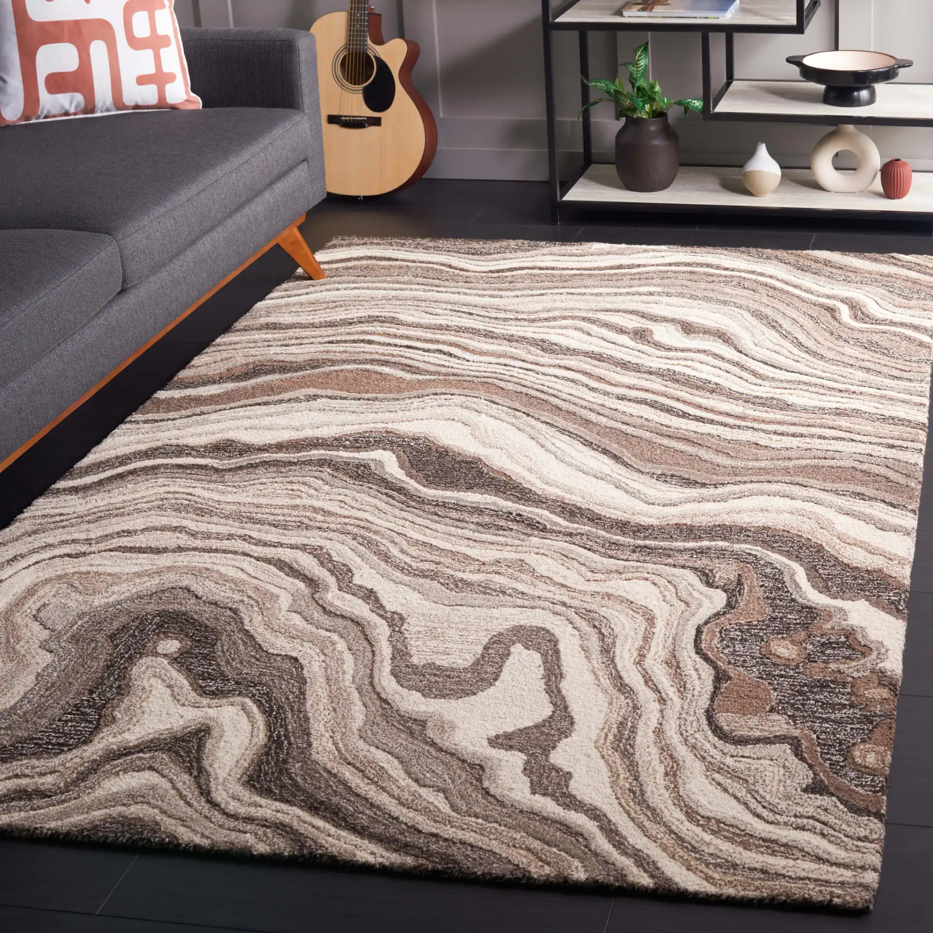 Metro Swirl Marble Hand-Tufted Wool Rug in Brown / Ivory in a styled room