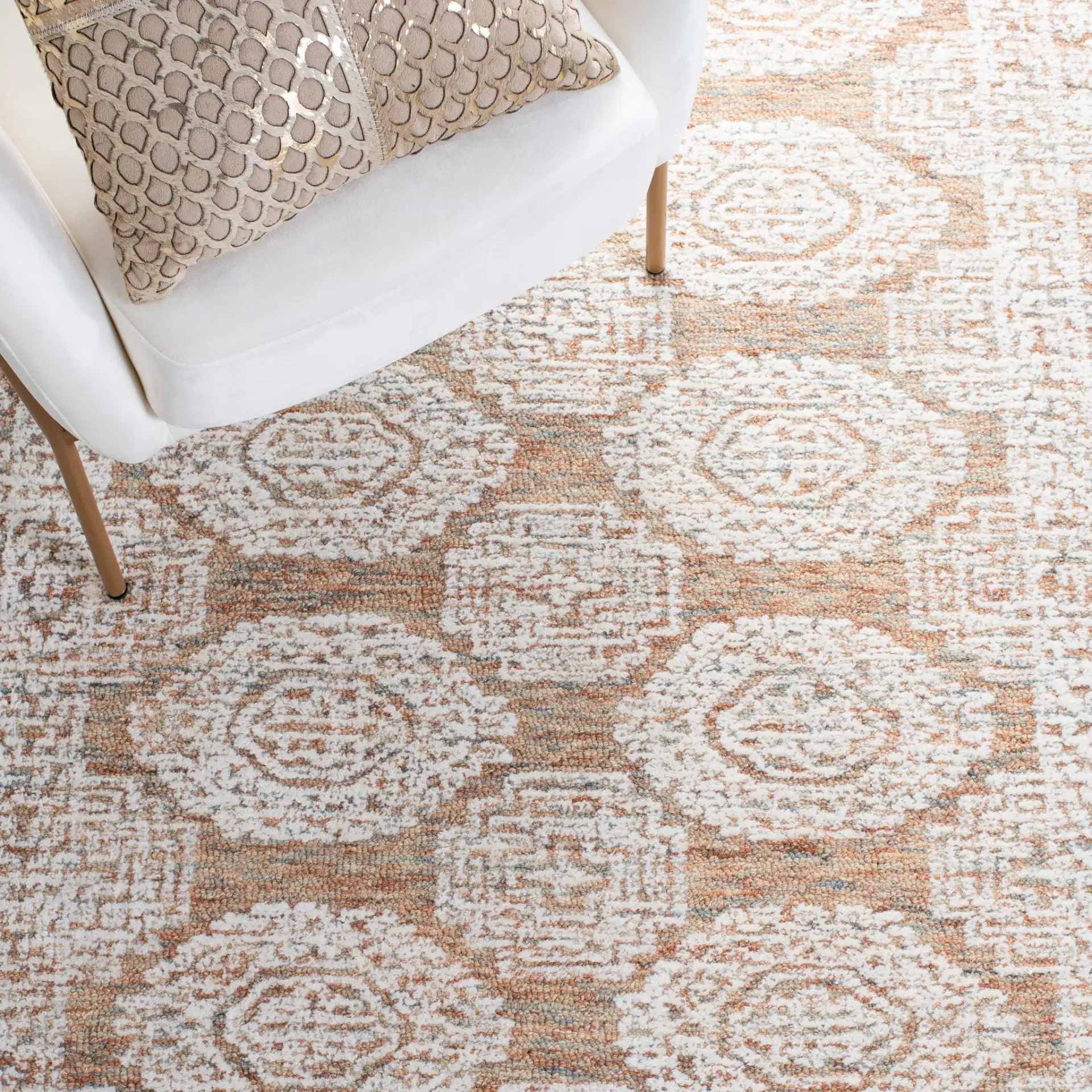 Metro Geometric Tile Hand-Tufted Wool Rug in Natural / Rust in a styled room