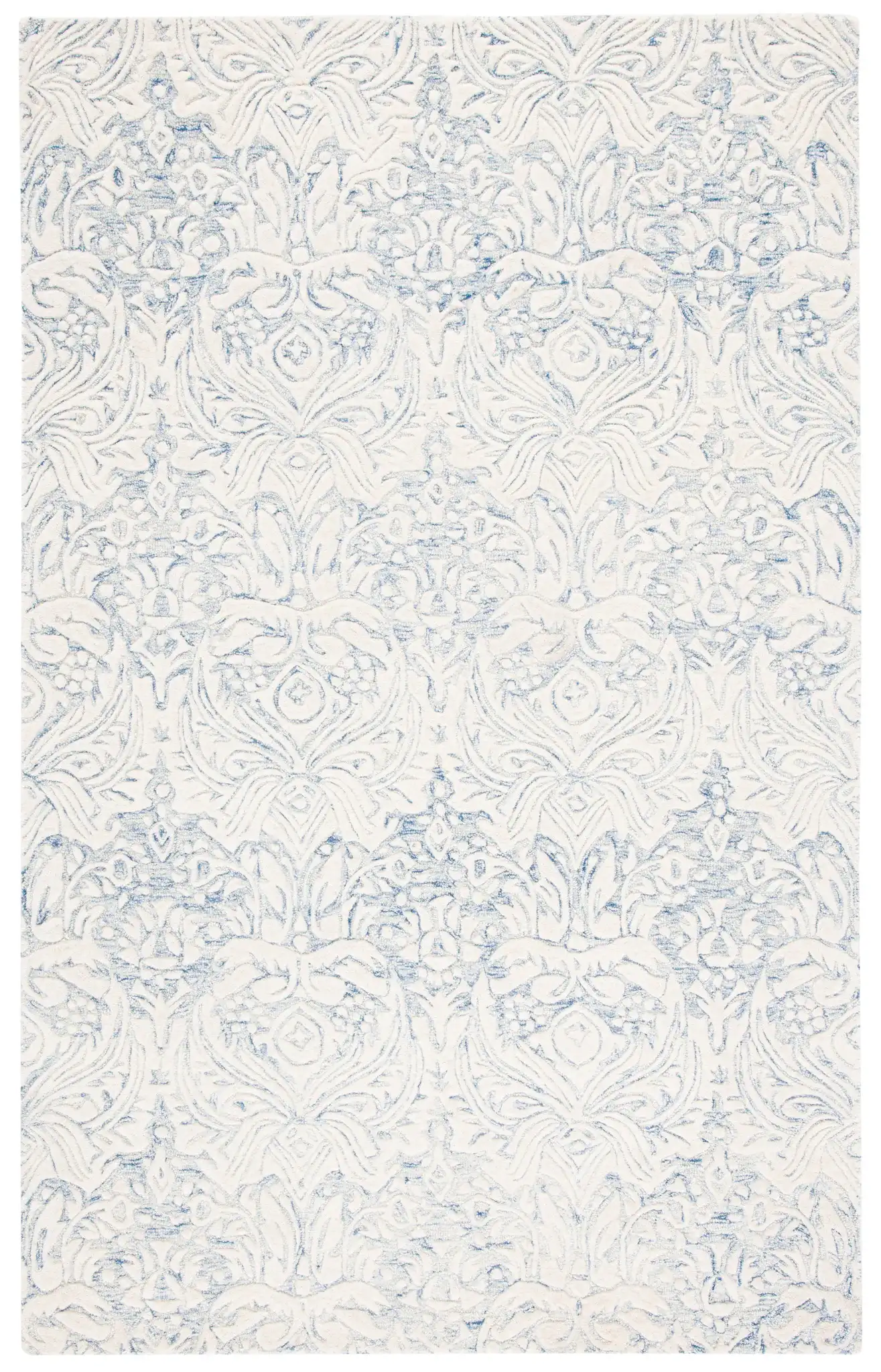 Metro Ornamental Damask Hand-Tufted Wool Rug in Blue / Ivory