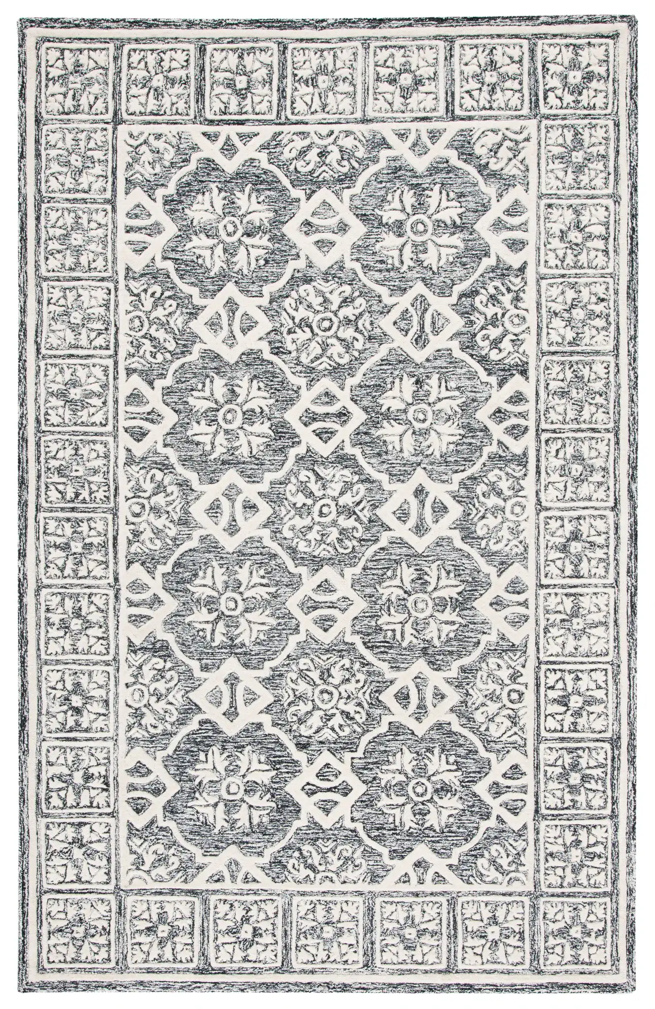 Metro Tile Bordered Hand-Tufted Wool Rug in Black / Ivory