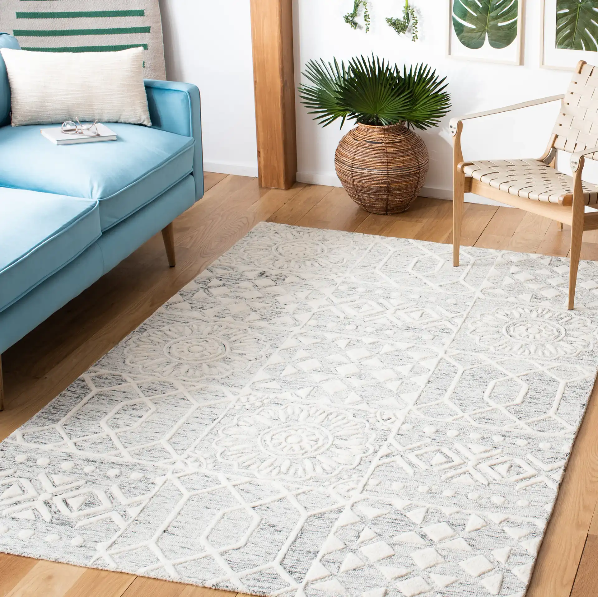 Metro Patchwork Tile Hand-Tufted Wool Rug in Silver / Ivory in a styled room