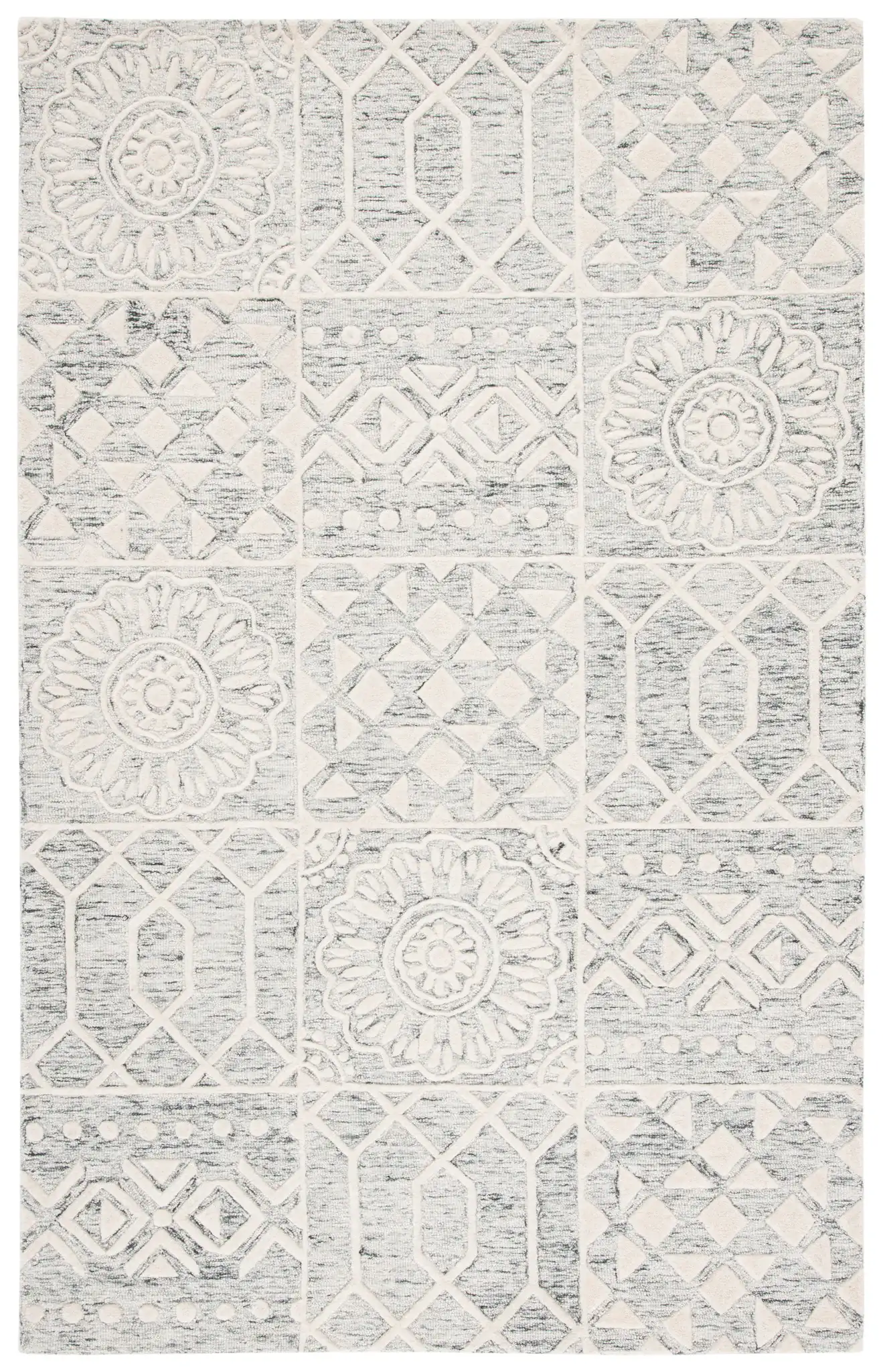 Metro Patchwork Tile Hand-Tufted Wool Rug in Silver / Ivory