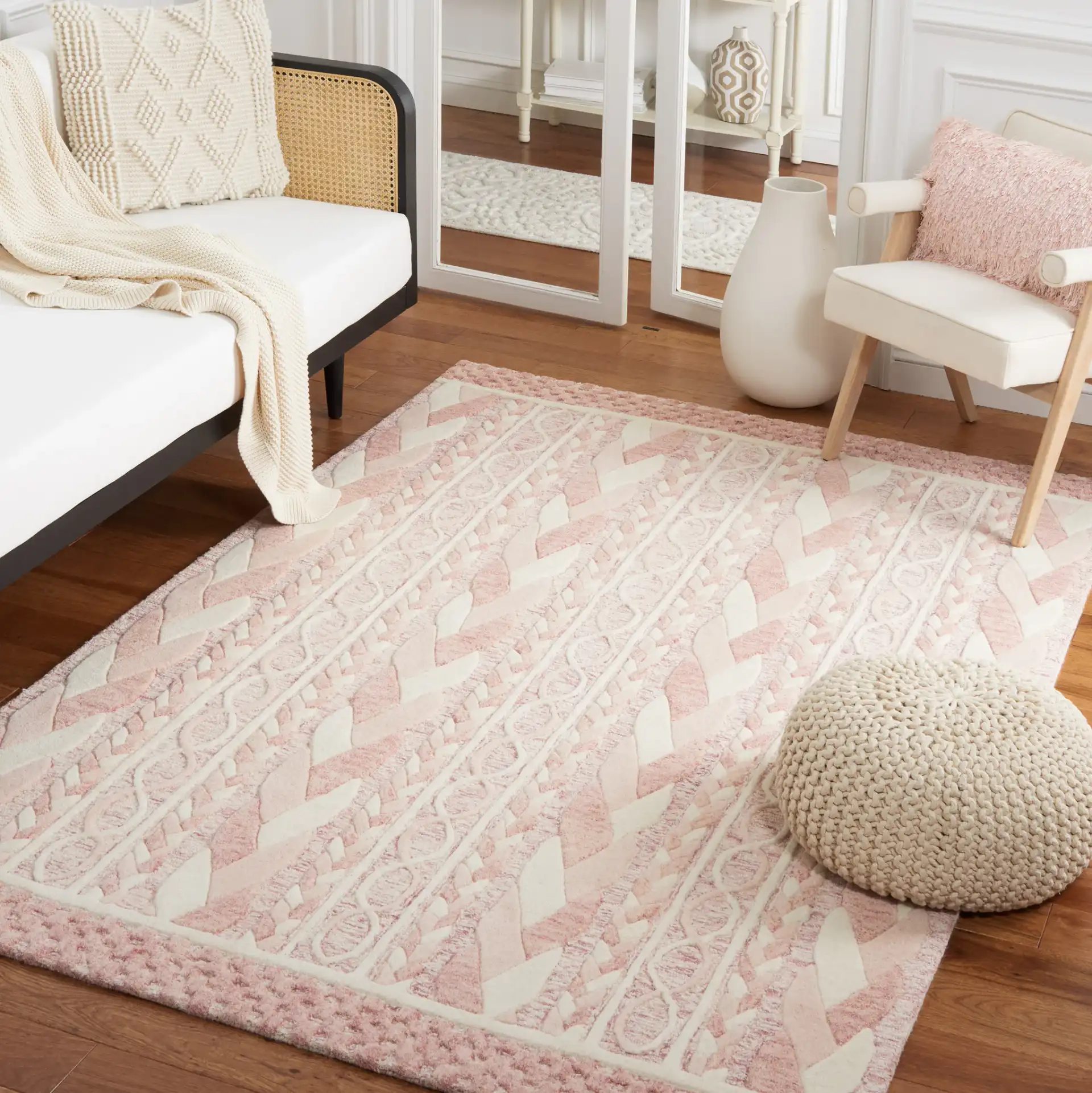 Metro Braided Stripe Hand-Tufted Wool Rug in Pink / Ivory in a styled room